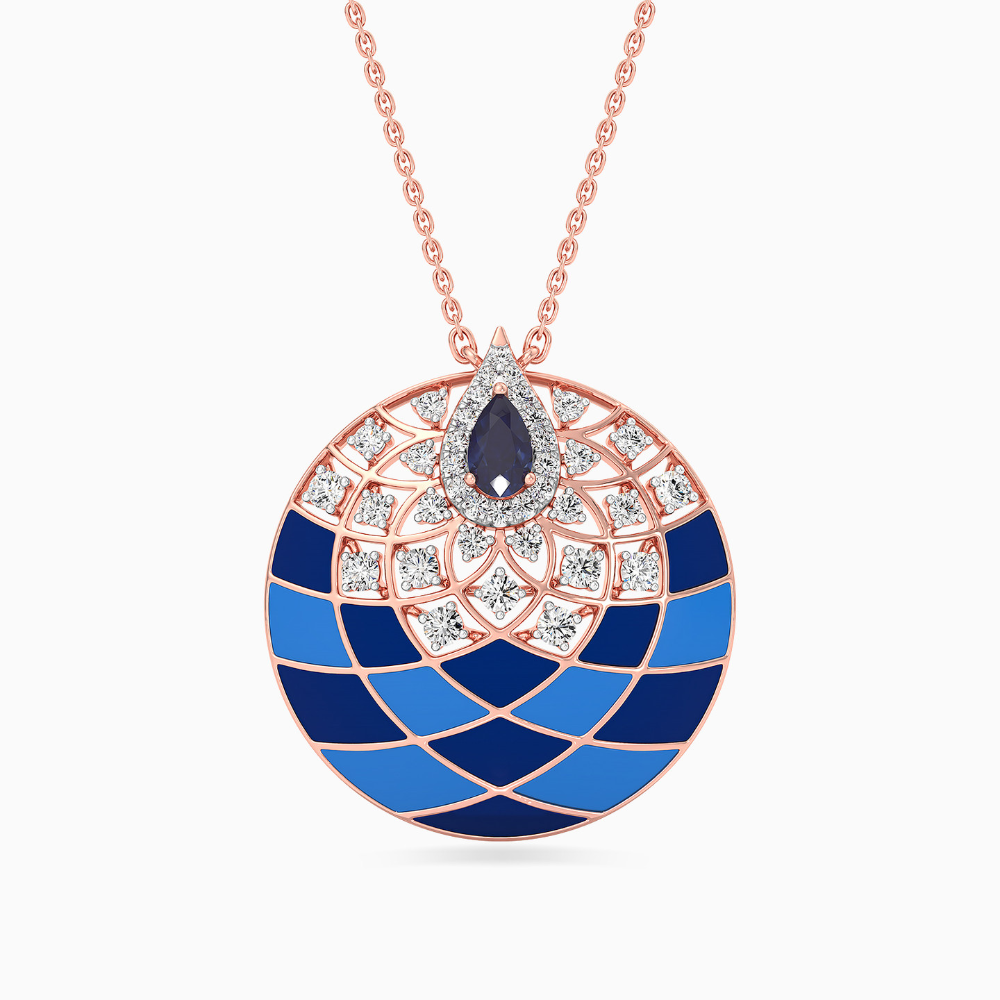 Circle Shaped Diamond & Enamel Coated with Colored Stones Pendant in 18K Gold