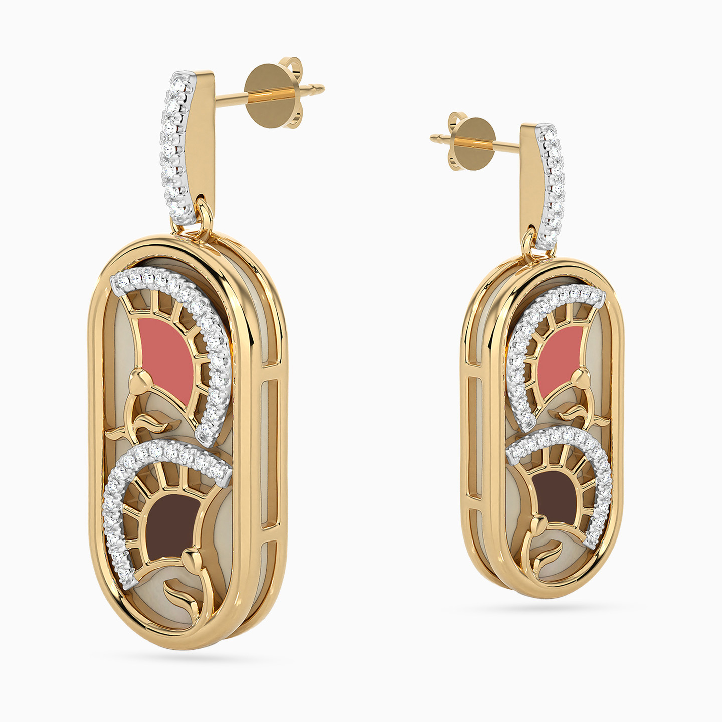 Oval Diamond & Enamel Coated Drop Earrings in 18K Gold - 5 Oval Diamond & Enamel Coated Drop Earrings in 18K Gold - 5