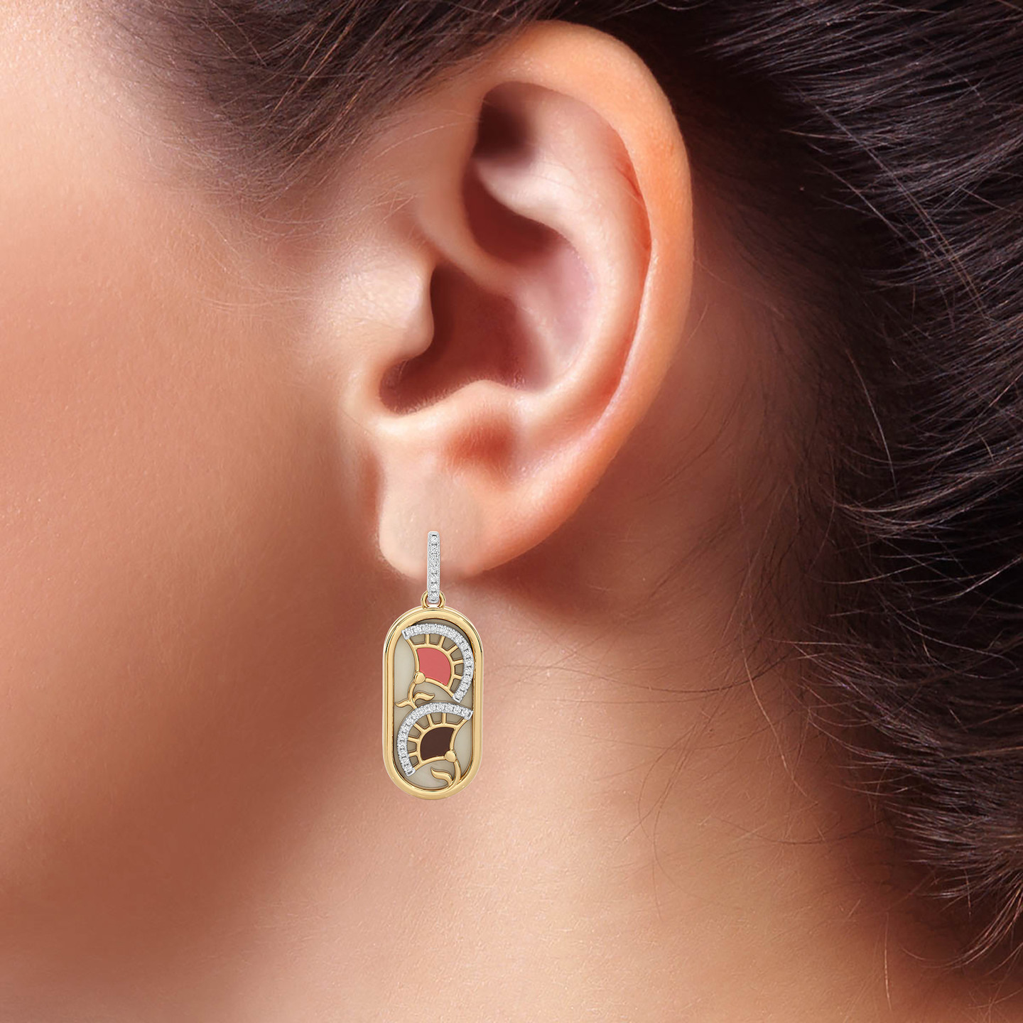 Oval Shaped Diamond & Enamel Coated Drop Earrings in 18K Gold - 4
