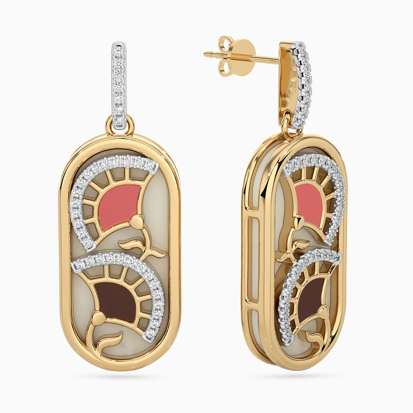 Oval Diamond & Enamel Coated Drop Earrings in 18K Gold - 2 Oval Diamond & Enamel Coated Drop Earrings in 18K Gold - 2