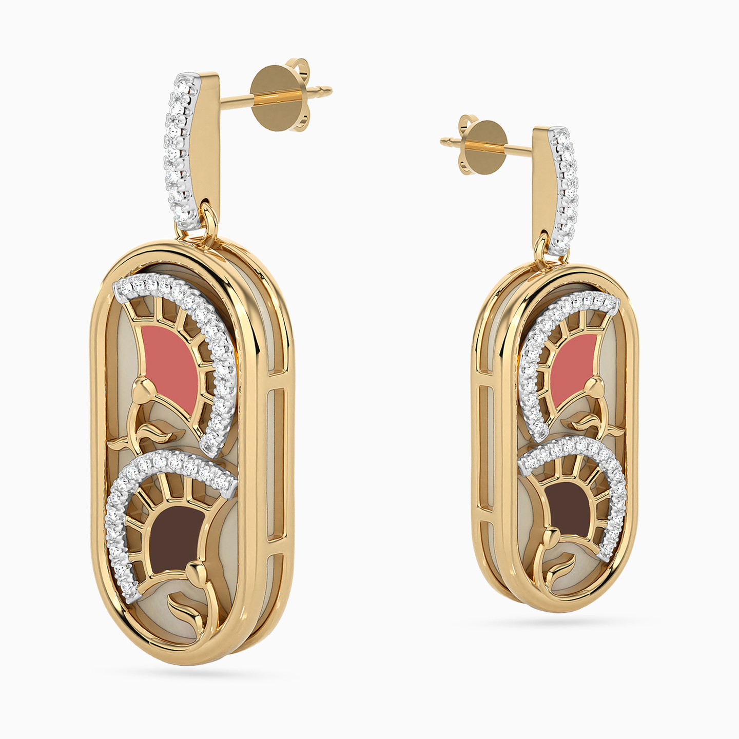 Oval Shaped Diamond & Enamel Coated Drop Earrings in 18K Gold - 3