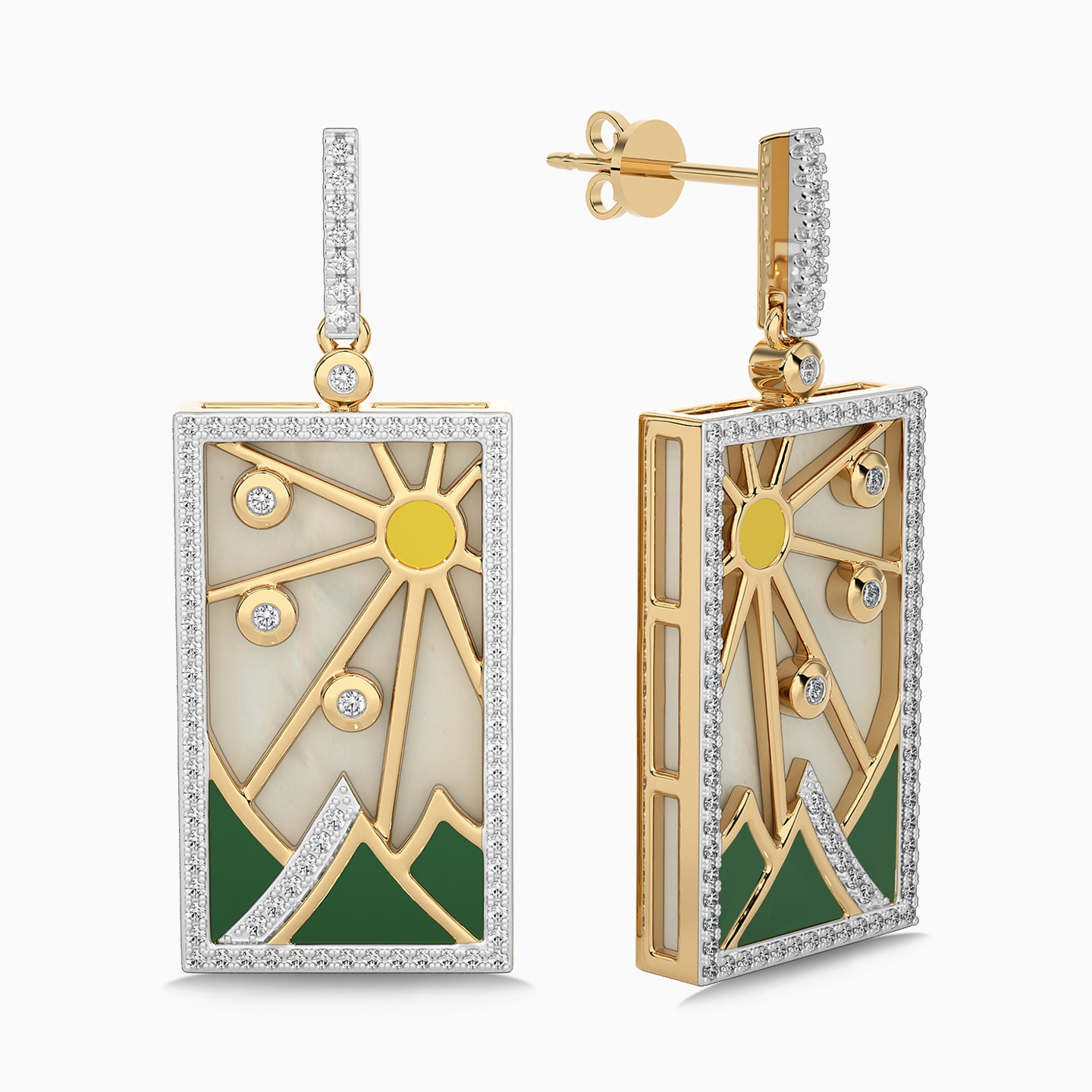 Rectangle Shaped Diamond & Enamel Coated Drop Earrings in 18K Gold - 2