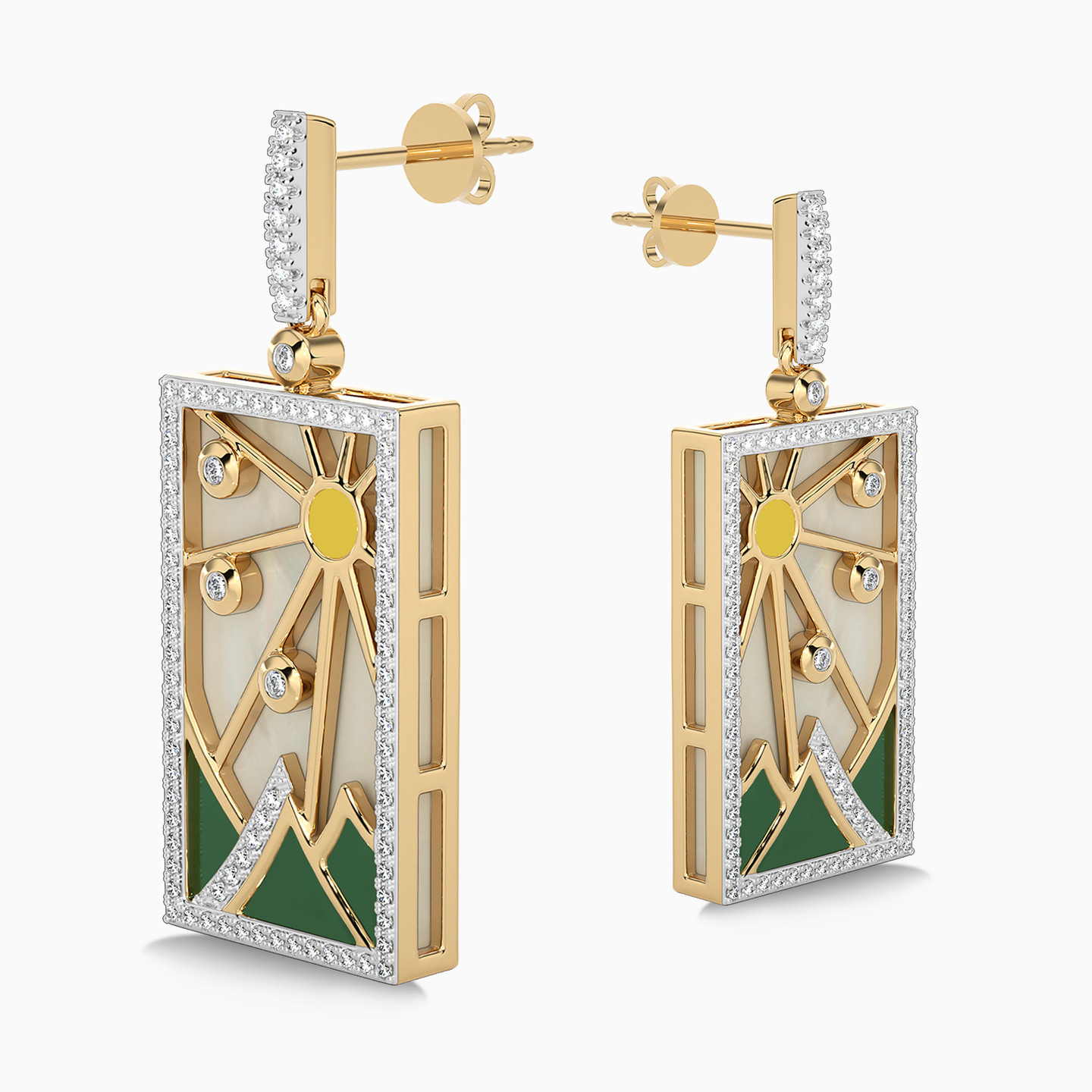 Rectangle Shaped Diamond & Enamel Coated Drop Earrings in 18K Gold - 3