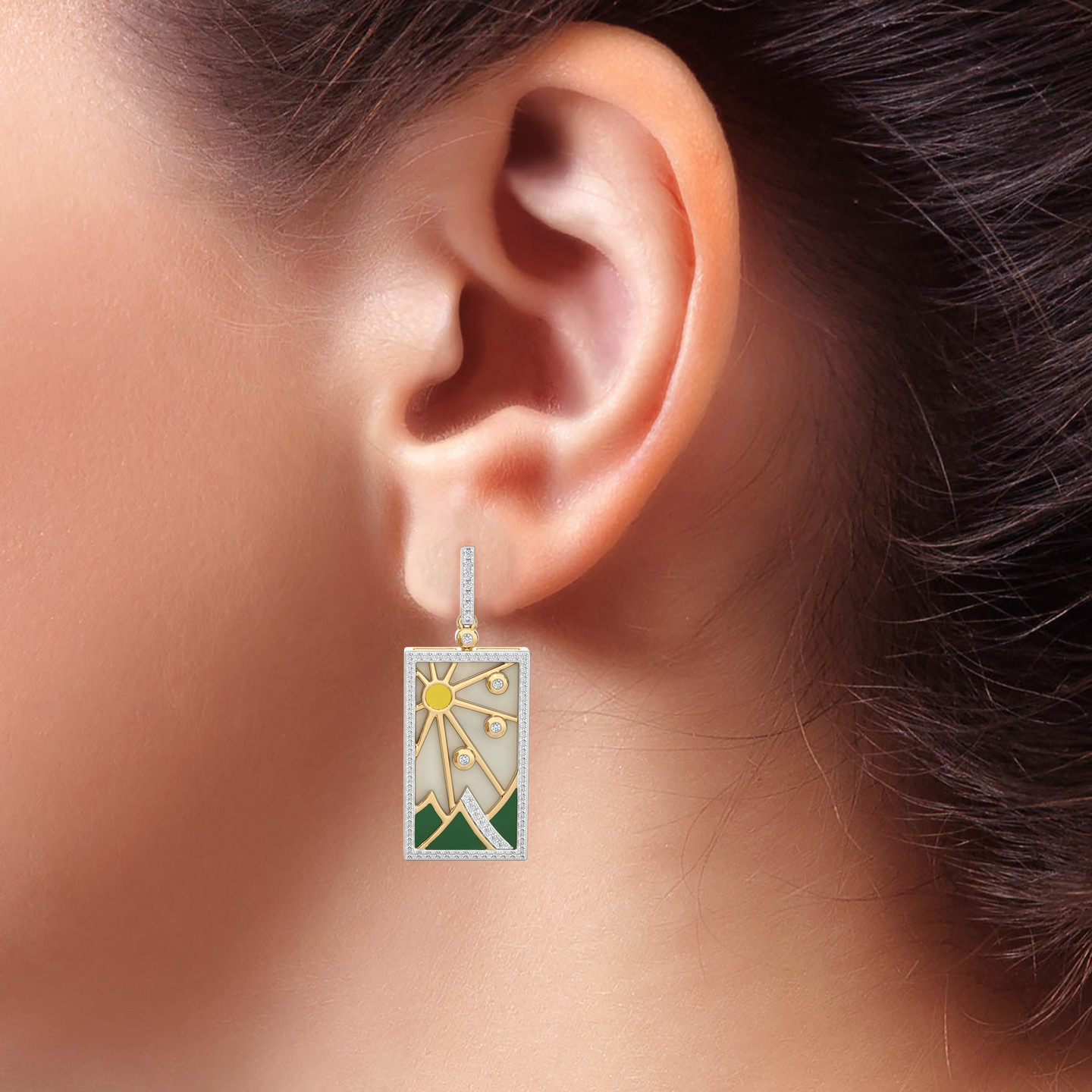 Rectangle Shaped Diamond & Enamel Coated Drop Earrings in 18K Gold - 4