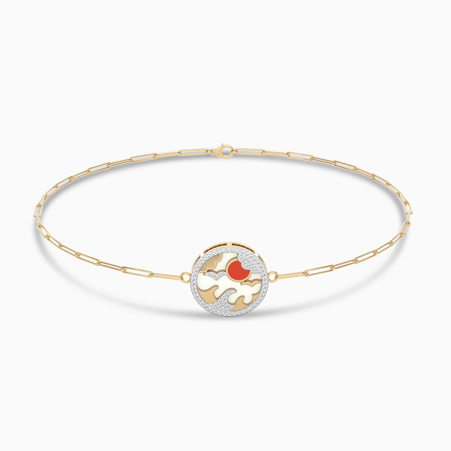 Circle Shaped Diamond & Enamel Coated Chain Bracelet in 18K Gold