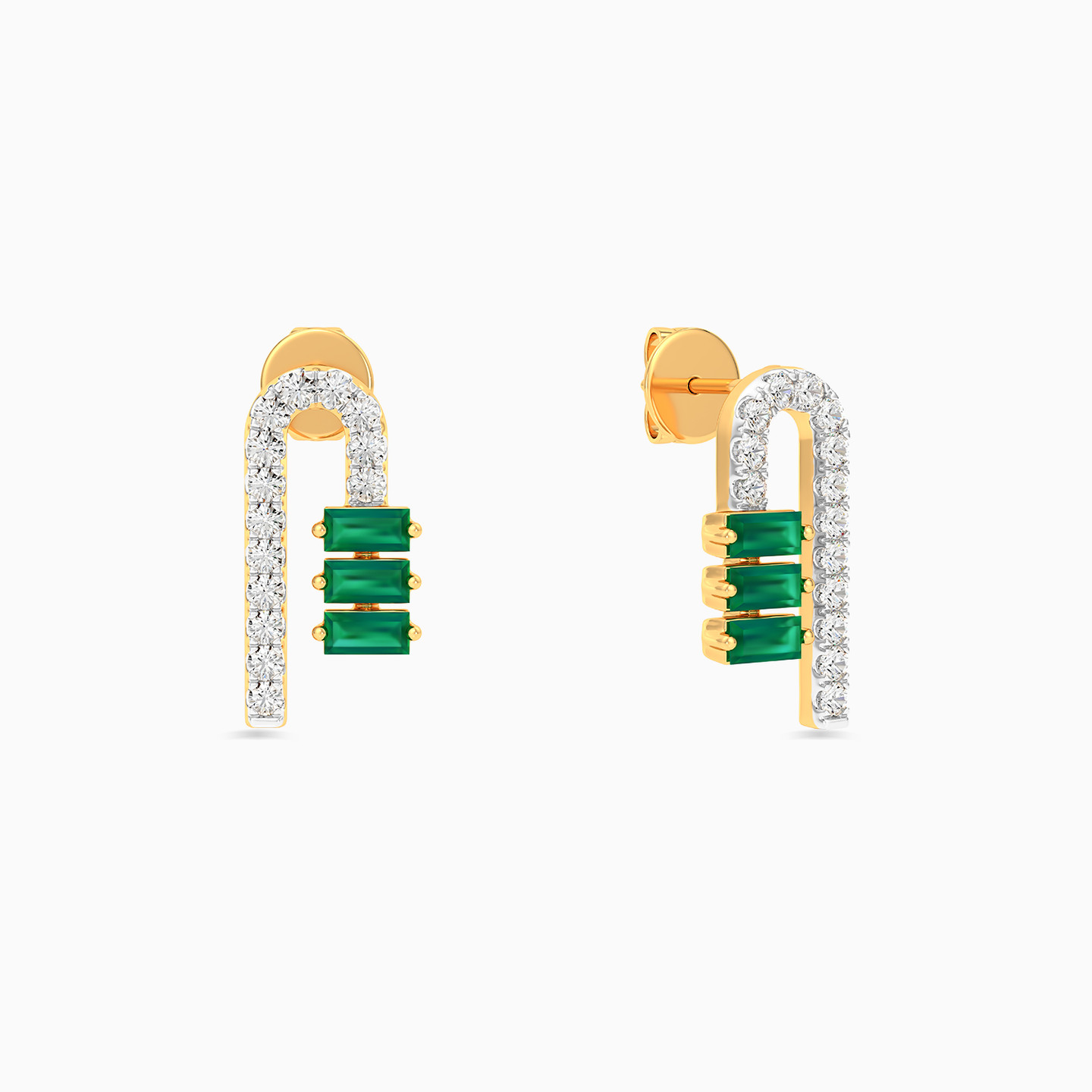 Candy Cane Diamond & Green Stones Stud Earrings in 18K Gold - 3 Candy Cane Diamond & Green Stones Stud Earrings in 18K Gold - 3