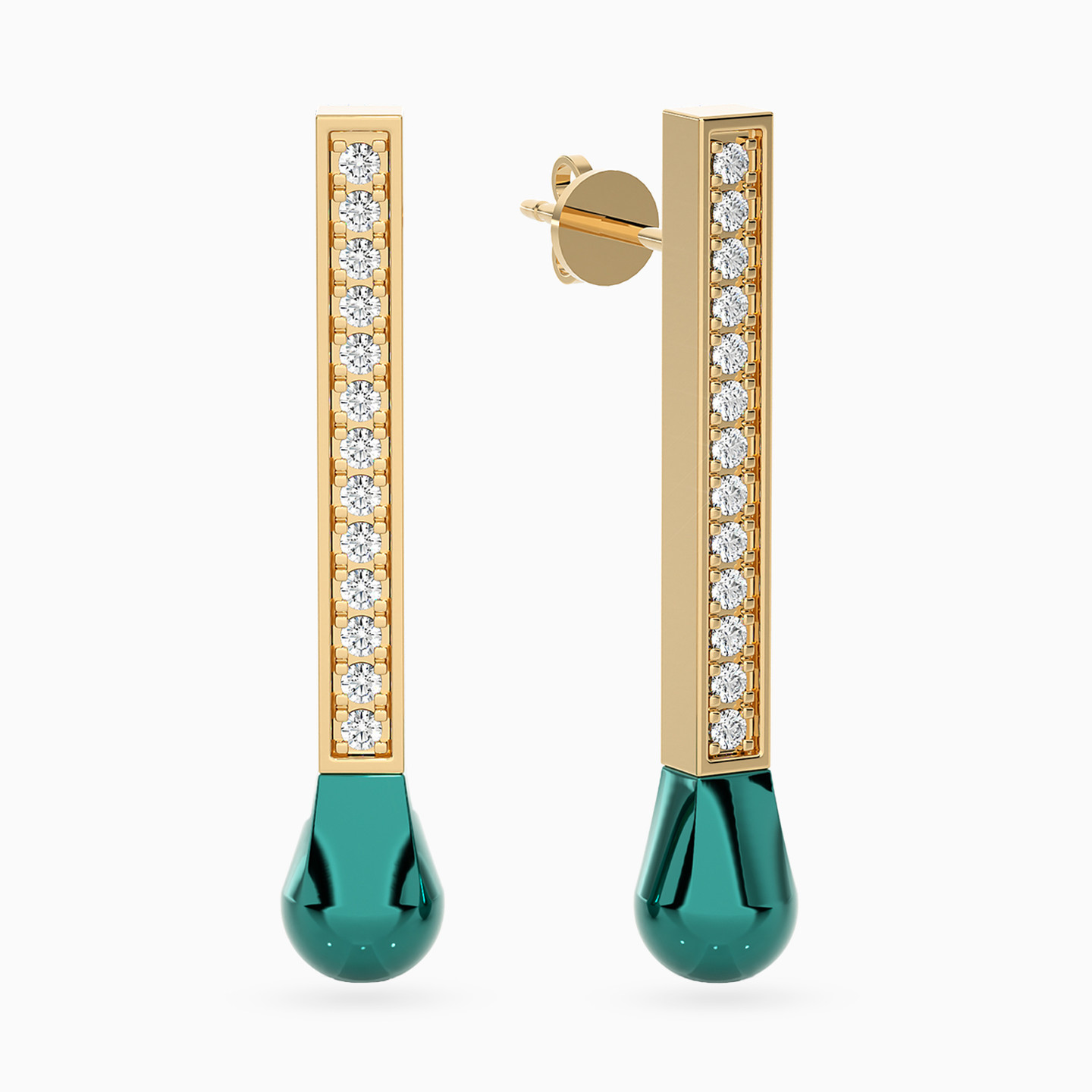 Matchstick Shaped Diamond & Enamel Coated Drop Earrings in 18K Gold