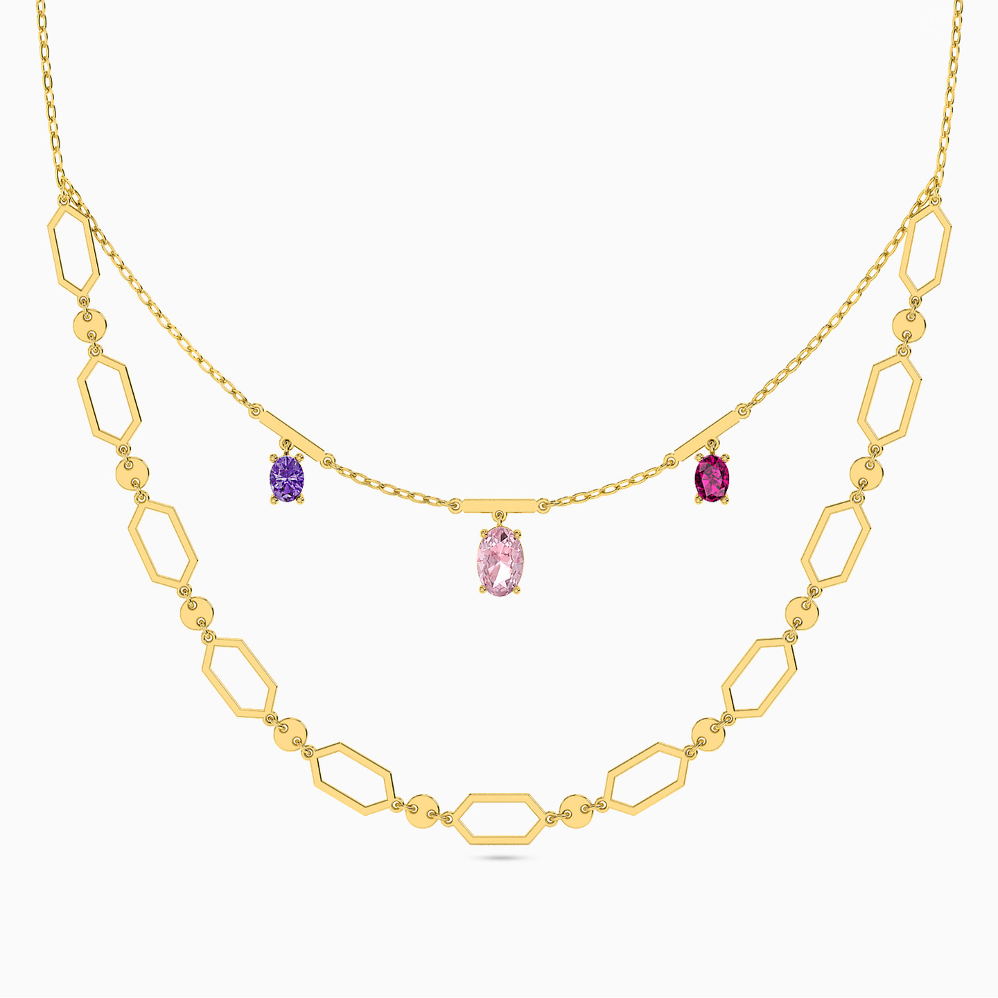 18K Gold Colored Stones Layered Necklace