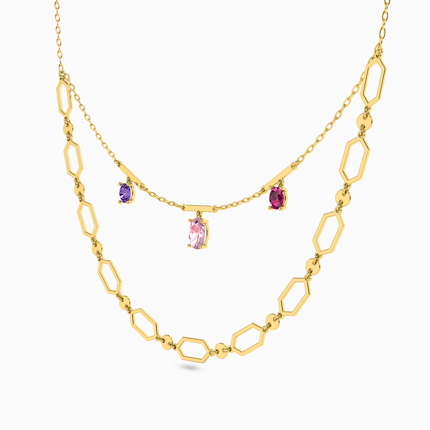 18K Gold Colored Stones Layered Necklace - 2