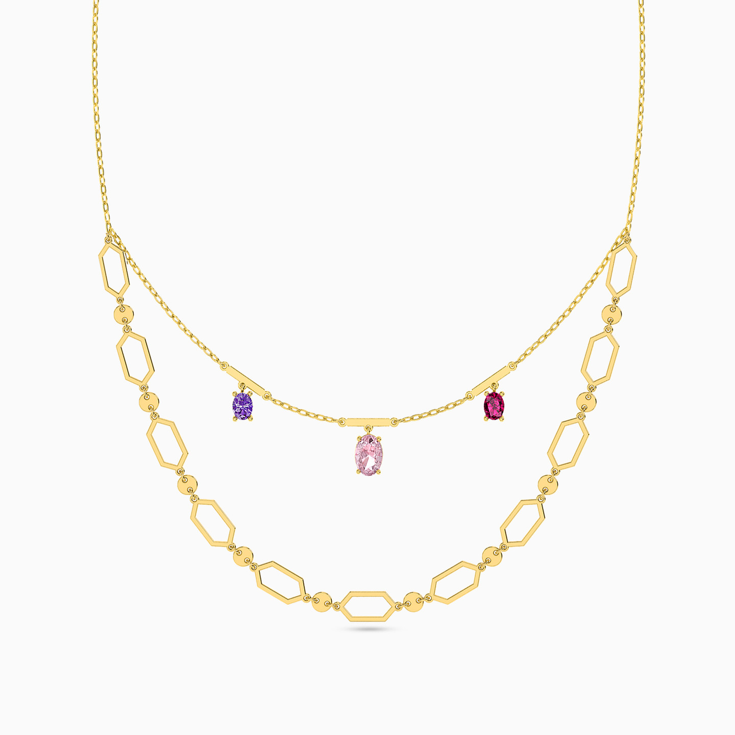 18K Gold Colored Stones Layered Necklace - 3