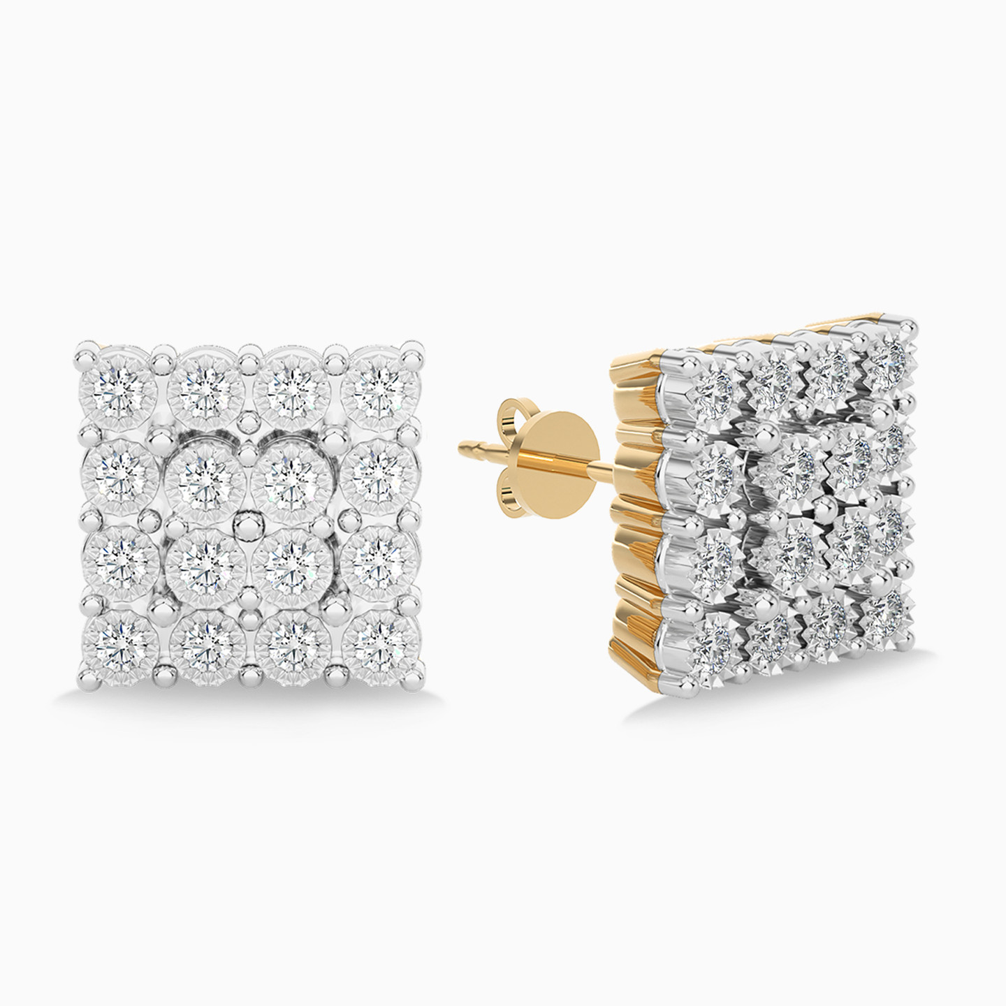 أقراط صغيرة ذهب مربعة عيار 18 قيراط مزينة بالألماس   - 3