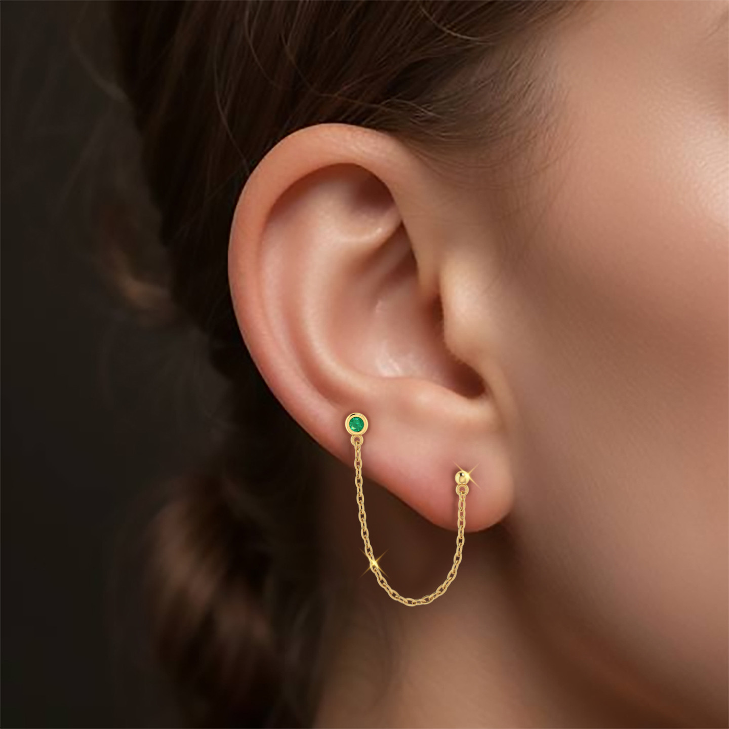 Round Shaped Colored Stone Drop Earring in 18K Gold - 1 Piece - 2