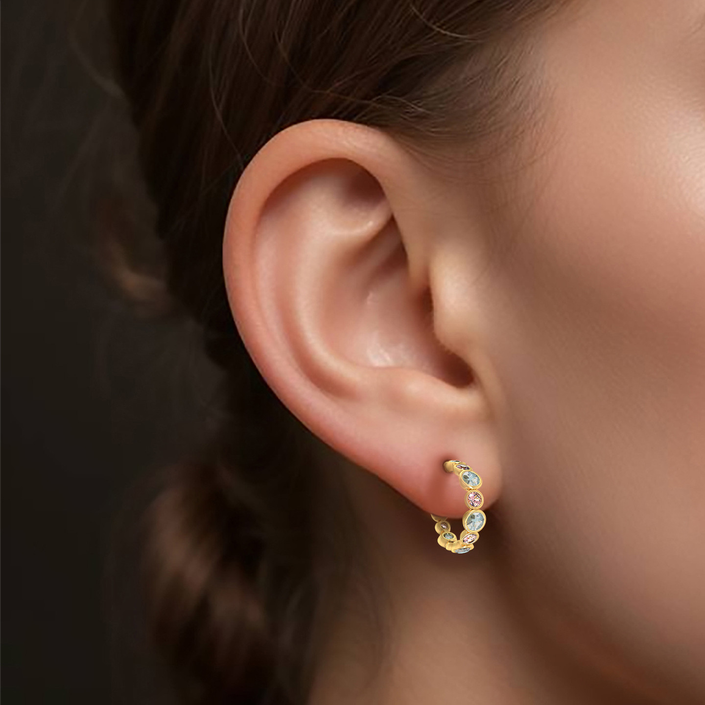 Round Shaped Colored Stones Hoop Earring in 18K Gold - 1 Piece - 2