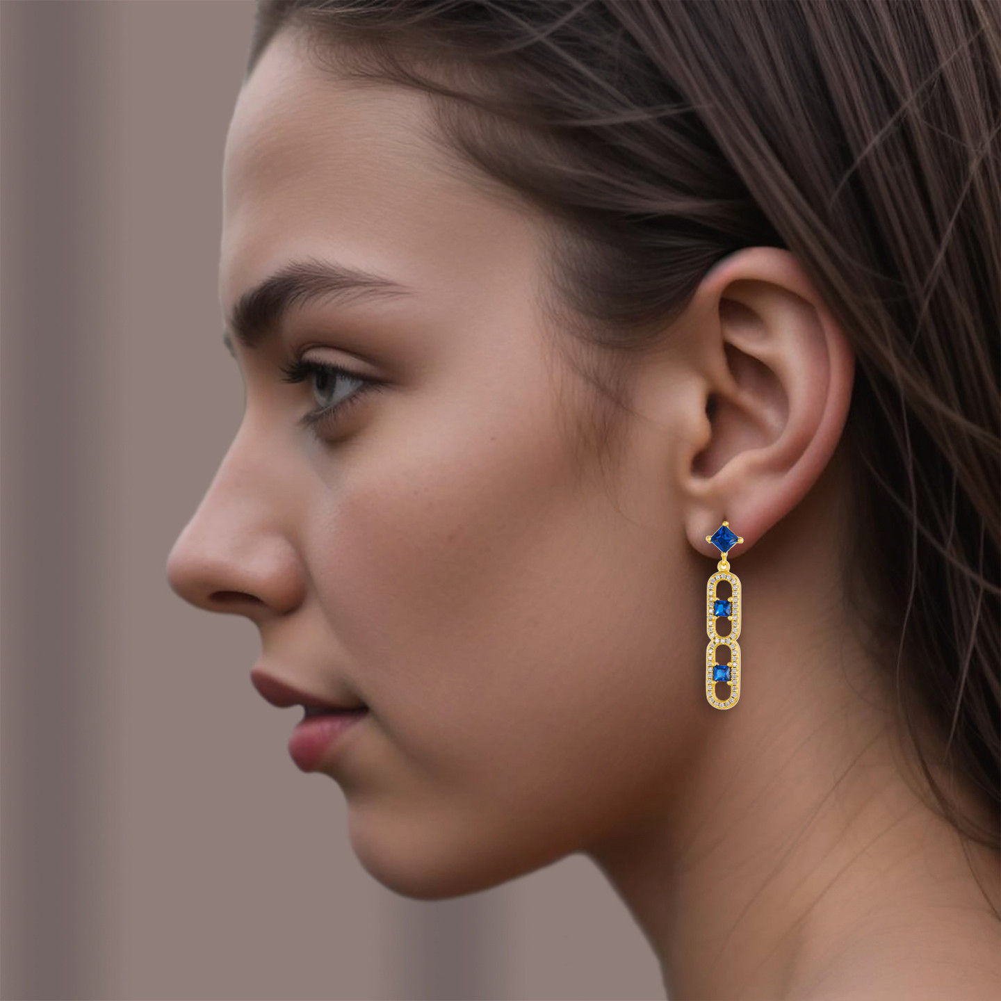 Square Blue Stone Gold Plated Drop Earrings - 3 Square Blue Stone Gold Plated Drop Earrings - 3
