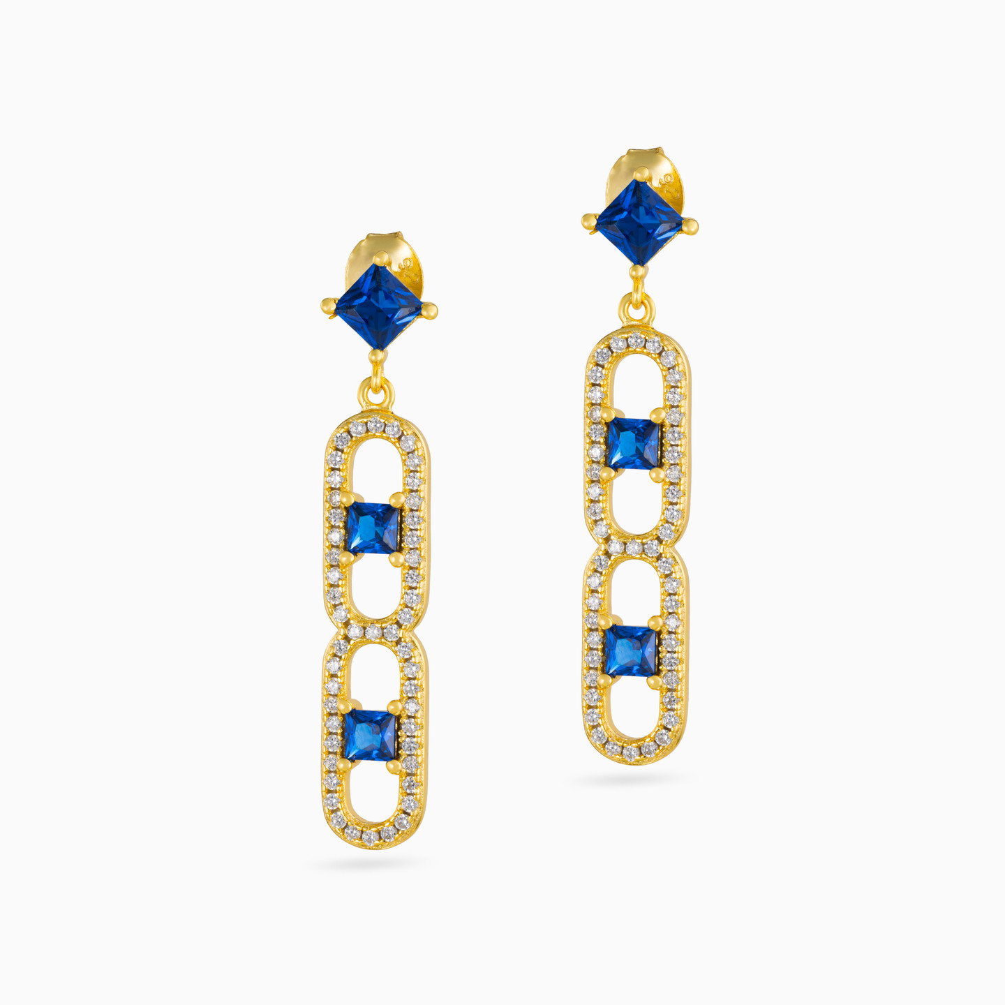 Square Blue Stone Gold Plated Drop Earrings - 2 Square Blue Stone Gold Plated Drop Earrings - 2