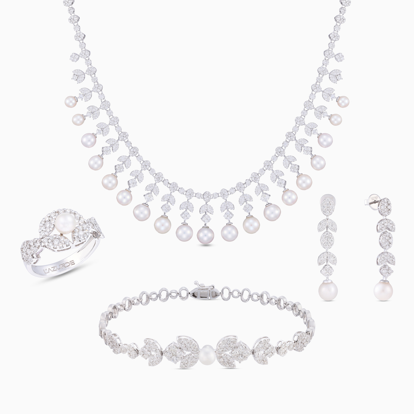 Circle Diamond & Pearl Full Set in 18K Gold (4 Pieces) - 2 Circle Diamond & Pearl Full Set in 18K Gold (4 Pieces) - 2