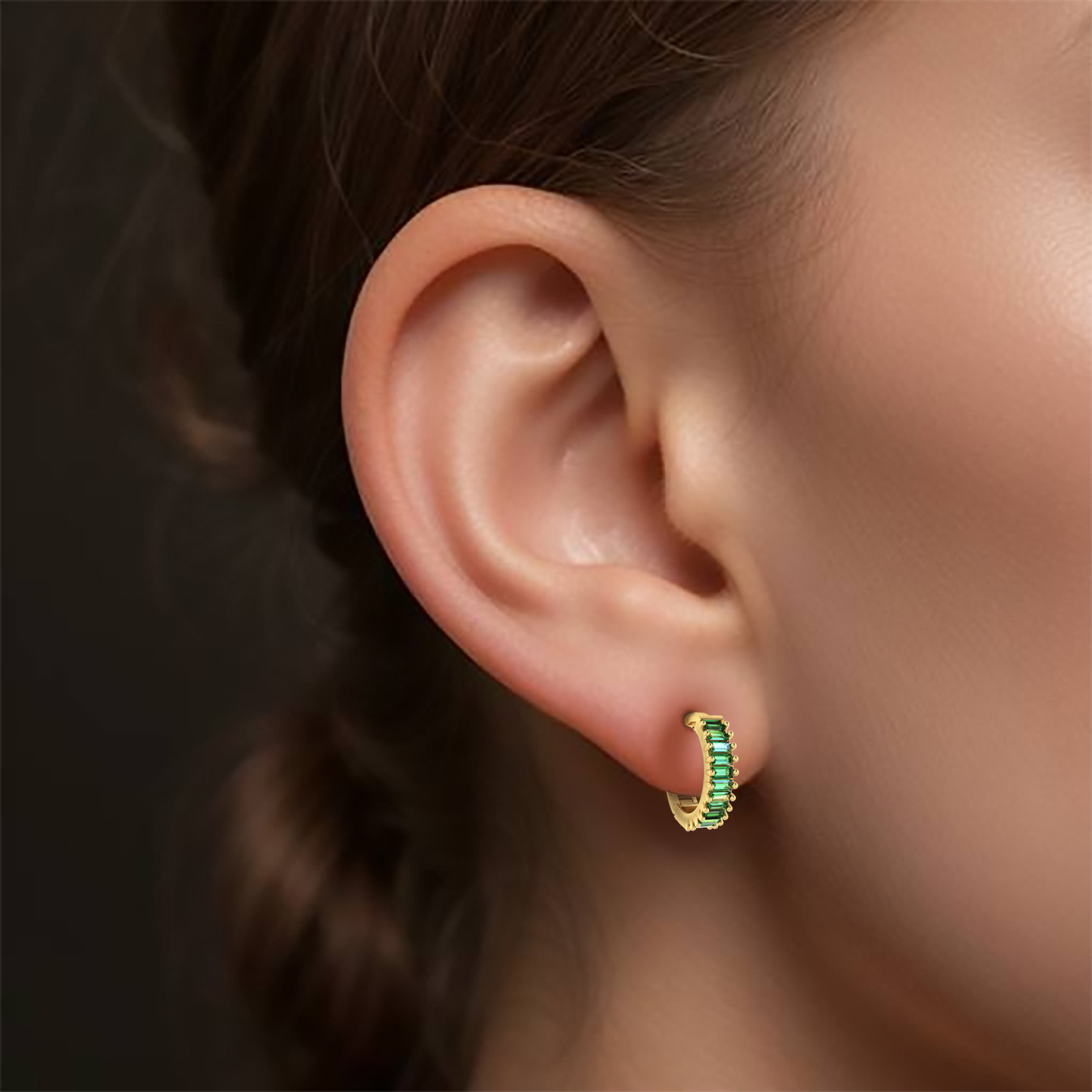 Baguette Shaped Green Stones Hoop Earring in 18K Gold - 1 Piece - 2 Baguette Shaped Green Stones Hoop Earring in 18K Gold - 1 Piece - 2