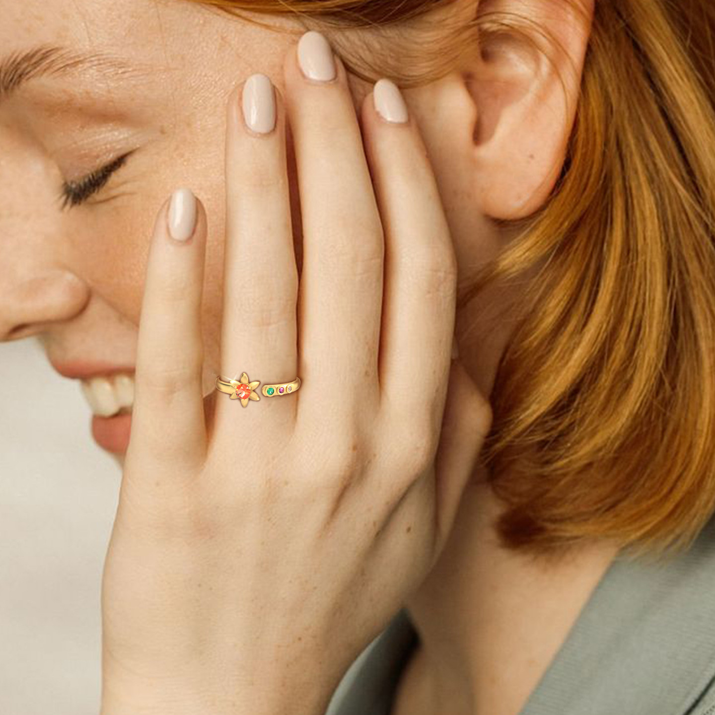 Flower Colored Stones Two-headed Ring in 18K Gold - 4