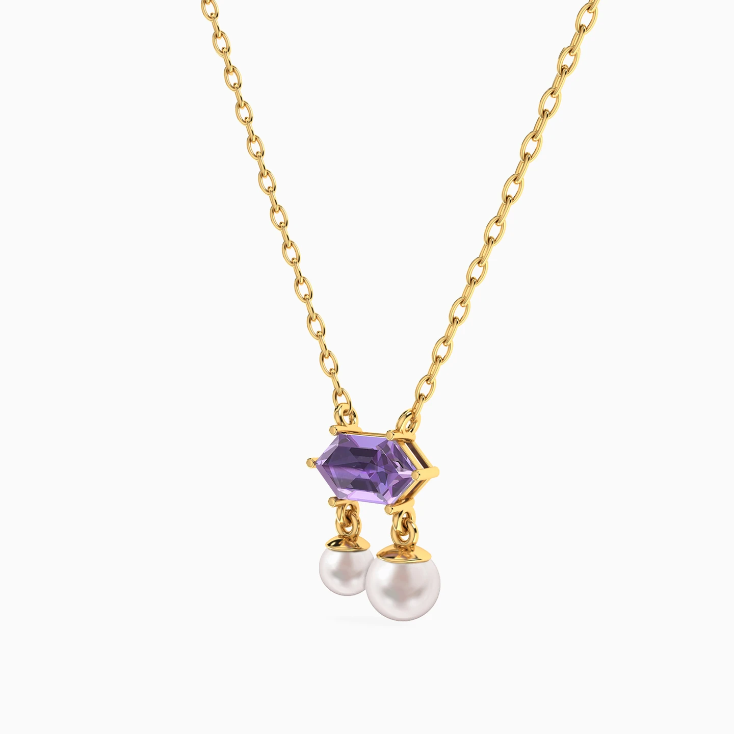 Hexagonal Purple Stone & Pearls Necklace in 18K Gold - 2 Hexagonal Purple Stone & Pearls Necklace in 18K Gold - 2