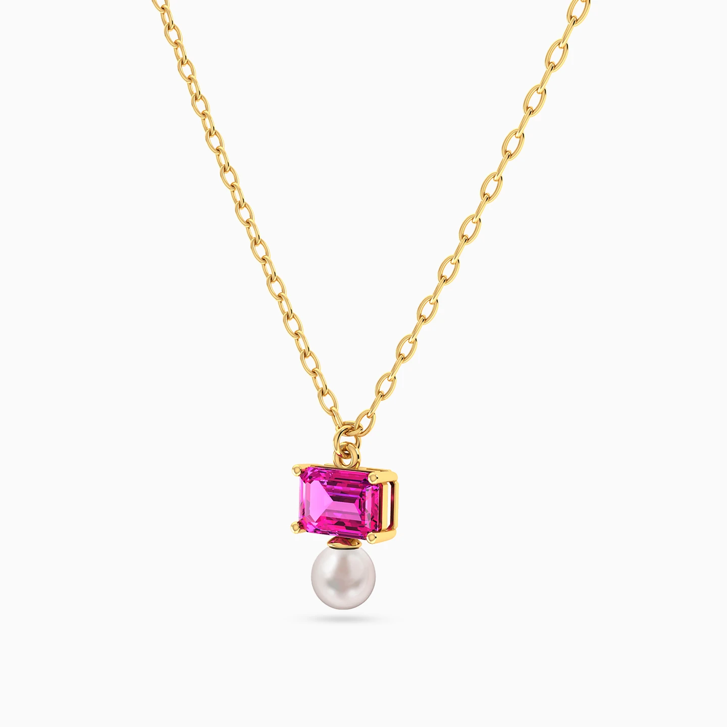 Multi-Shaped Colored Stones & Pearl Necklace in 18K Gold - 2 Multi-Shaped Colored Stones & Pearl Necklace in 18K Gold - 2