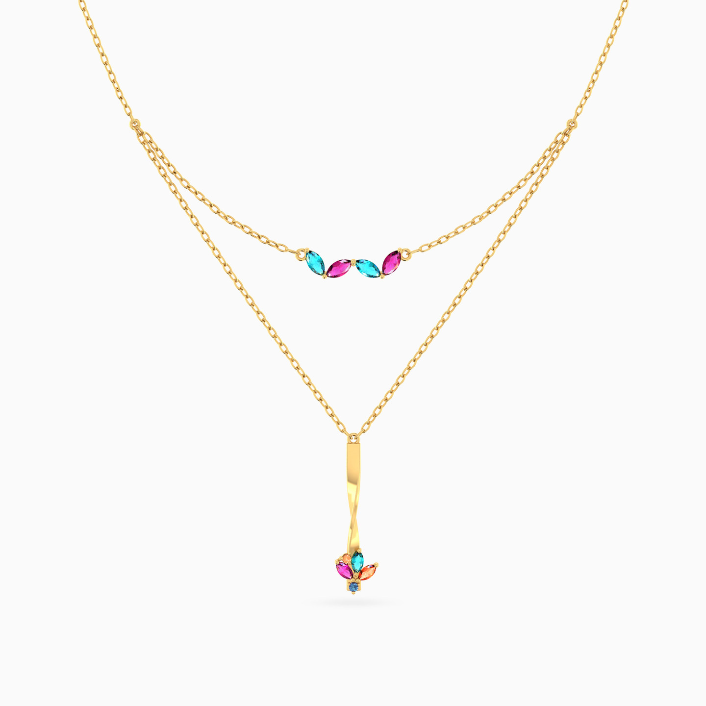 Colored Stones Layered Necklace in 18K Gold - 3 Colored Stones Layered Necklace in 18K Gold - 3