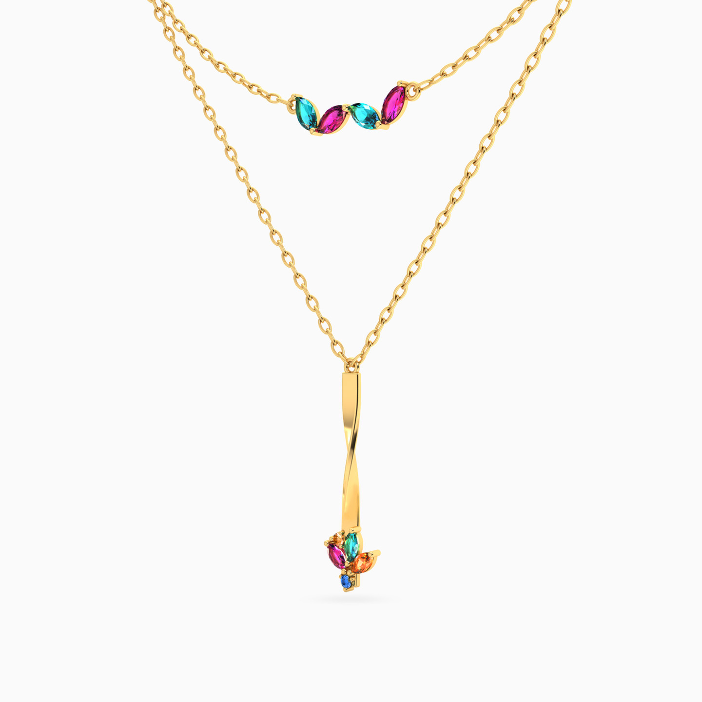 Colored Stones Layered Necklace in 18K Gold - 2 Colored Stones Layered Necklace in 18K Gold - 2
