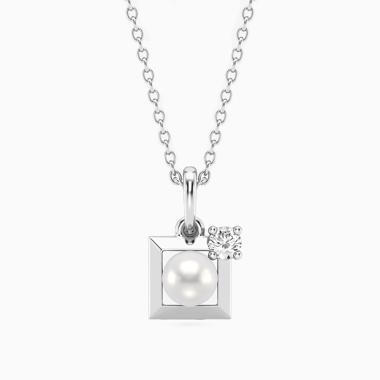 Square Lab Grown Diamonds & Pearl Sterling Silver Necklace Square Lab Grown Diamonds & Pearl Sterling Silver Necklace