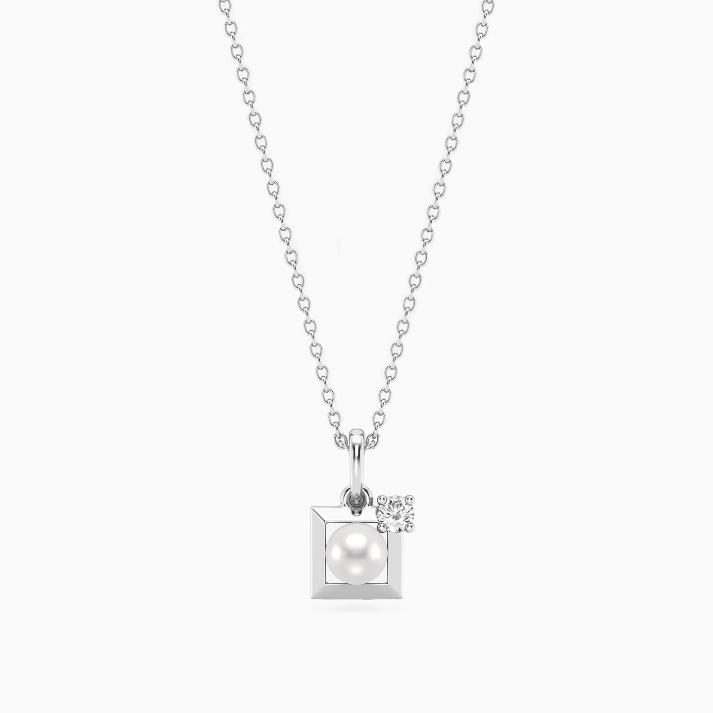 Square Lab Grown Diamonds & Pearl Sterling Silver Necklace - 3 Square Lab Grown Diamonds & Pearl Sterling Silver Necklace - 3