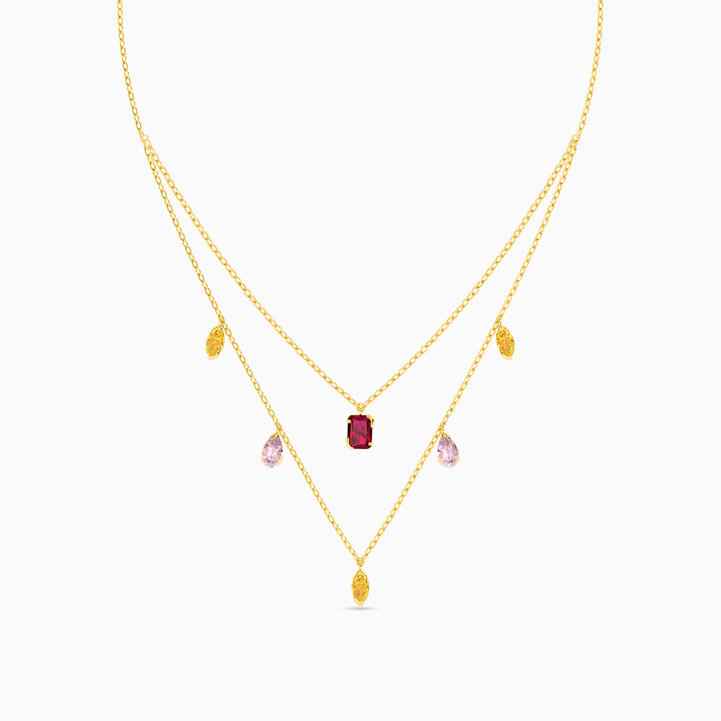 18K Gold Colored Stones Layered Necklace - 3