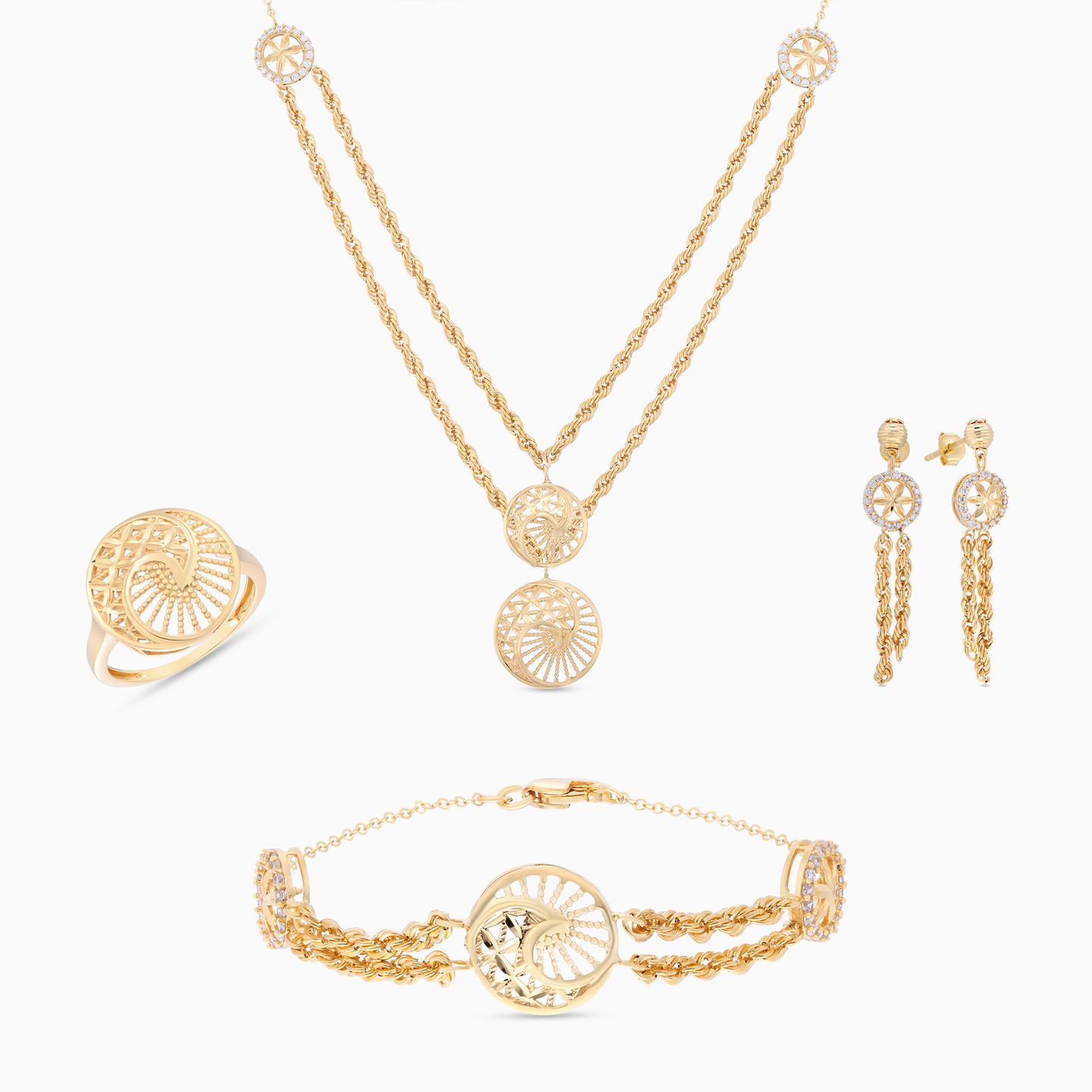 طقم مجوهرات ذهب عيار 21 قيراط مزين بأحجار الزركون (4 قطع) طقم مجوهرات ذهب عيار 21 قيراط مزين بأحجار الزركون (4 قطع)