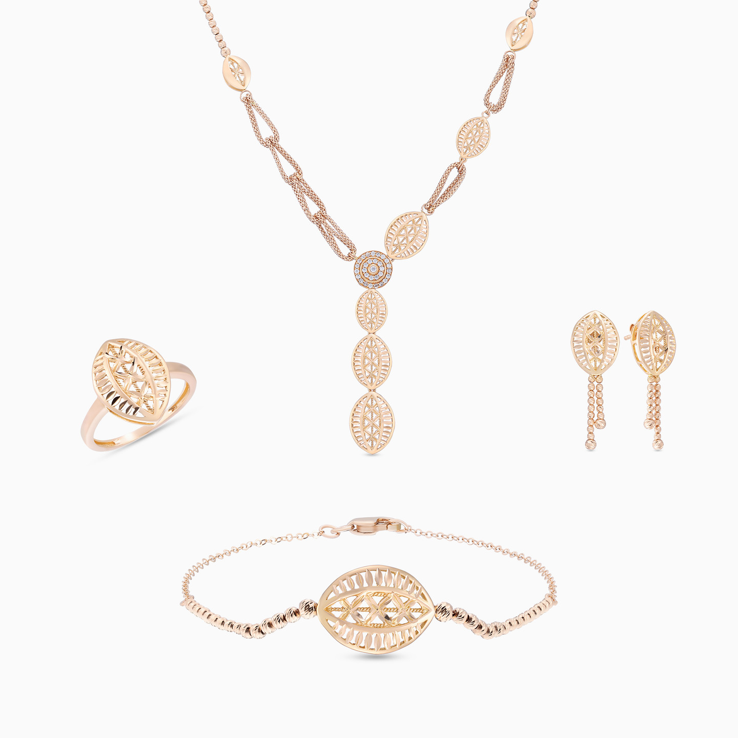 طقم مجوهرات ذهب عيار 21 قيراط مزين بأحجار الزركون (4 قطع) طقم مجوهرات ذهب عيار 21 قيراط مزين بأحجار الزركون (4 قطع)