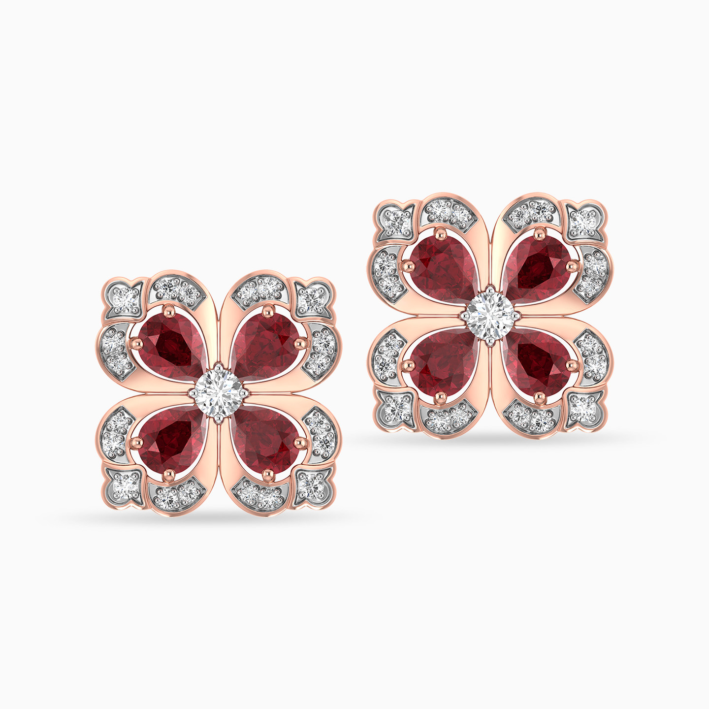 Clover Diamond & Red Stone Stud Earrings in 18K Gold - 3 Clover Diamond & Red Stone Stud Earrings in 18K Gold - 3