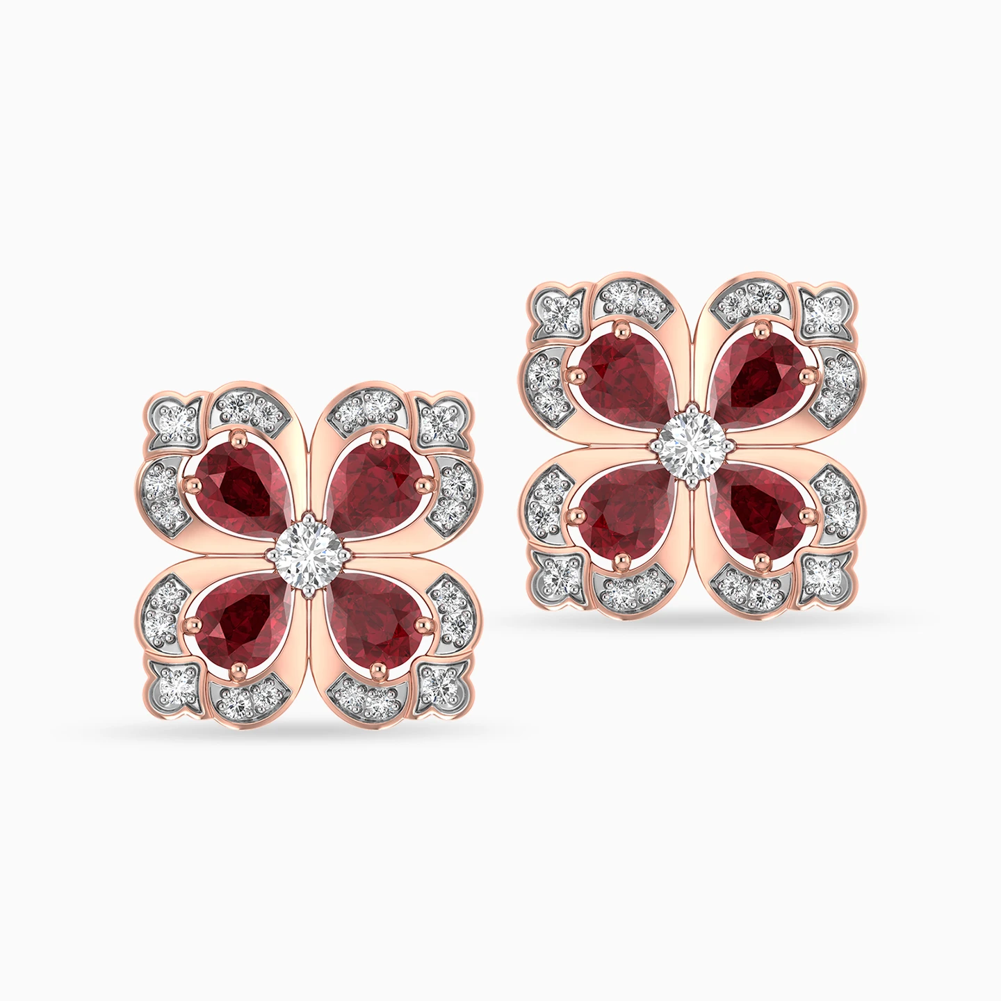 Clover Diamond & Red Stone Stud Earrings in 18K Gold - 4 Clover Diamond & Red Stone Stud Earrings in 18K Gold - 4