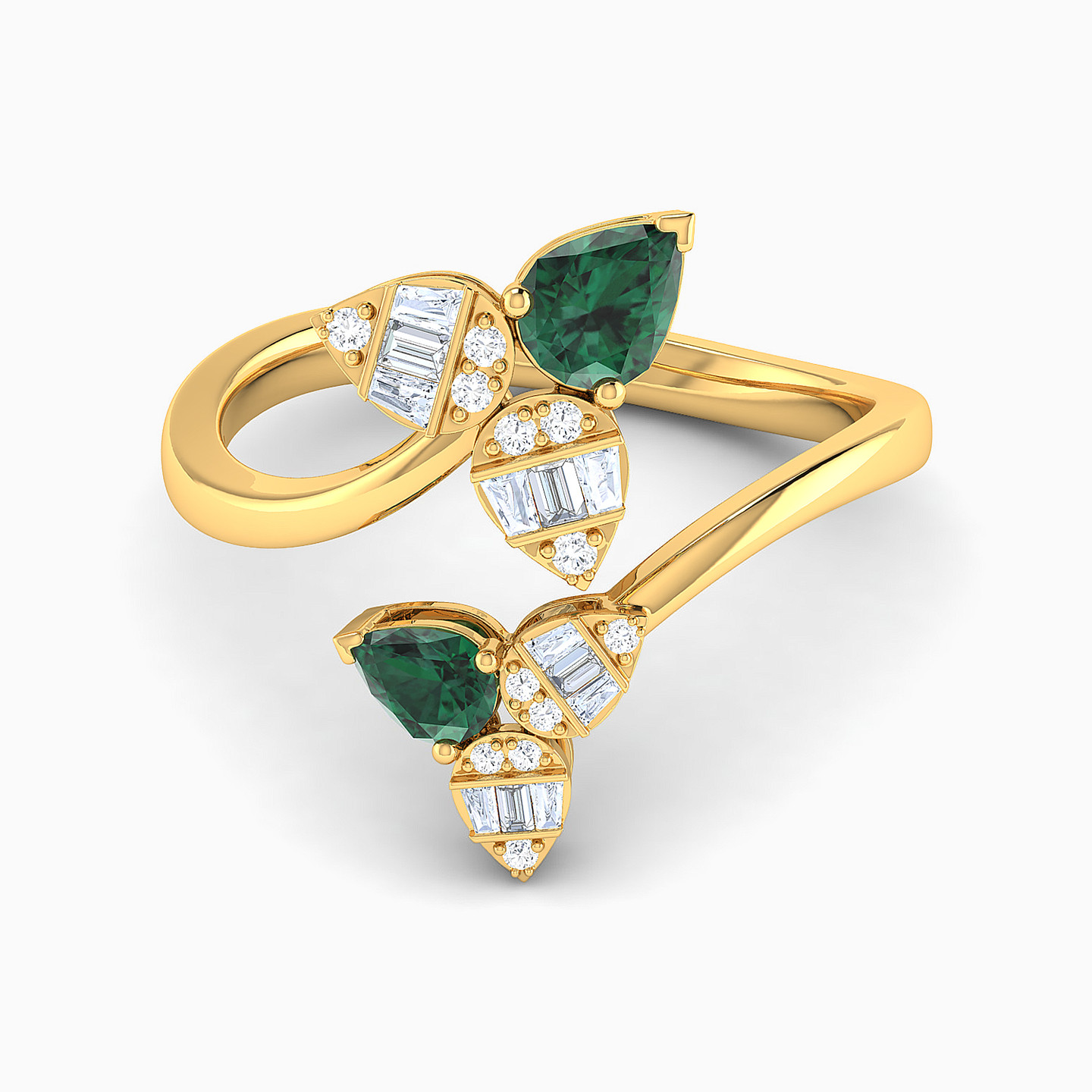 Leaves Diamond & Green Stones Two-Headed Ring in 18K Gold - 2 Leaves Diamond & Green Stones Two-Headed Ring in 18K Gold - 2