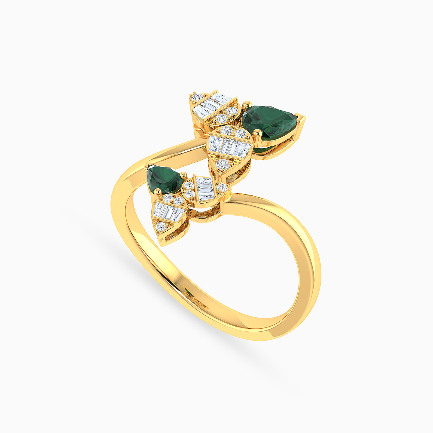 Leaves Diamond & Green Stones Two-Headed Ring in 18K Gold - 4 Leaves Diamond & Green Stones Two-Headed Ring in 18K Gold - 4
