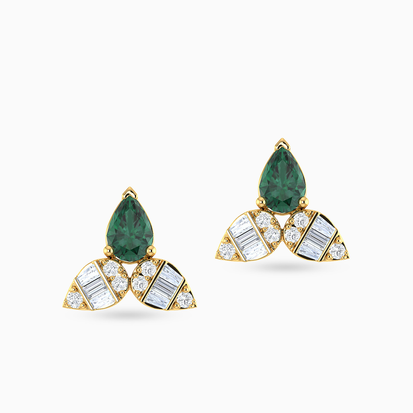 Leaves Diamond & Green Stone Stud Earrings in 18K Gold - 3 Leaves Diamond & Green Stone Stud Earrings in 18K Gold - 3