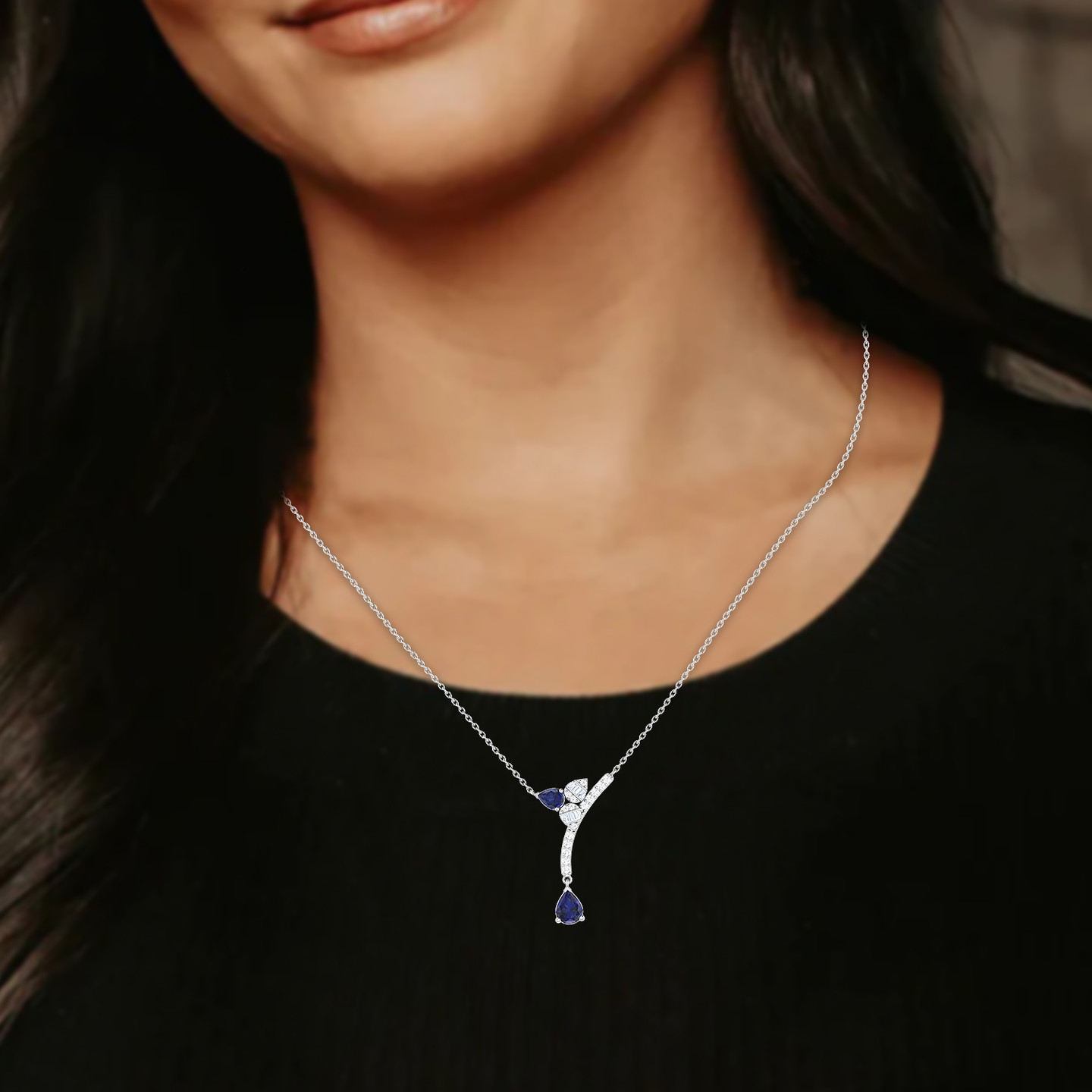 Diamonds & Blue Stone Necklace in 18K Gold - 2 Diamonds & Blue Stone Necklace in 18K Gold - 2