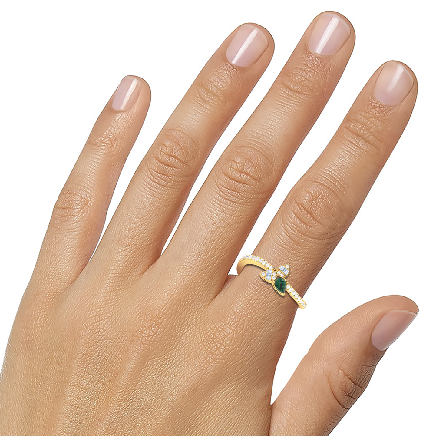 Leaves Diamond & Green Stones Ring in 18K Gold - 3 Leaves Diamond & Green Stones Ring in 18K Gold - 3