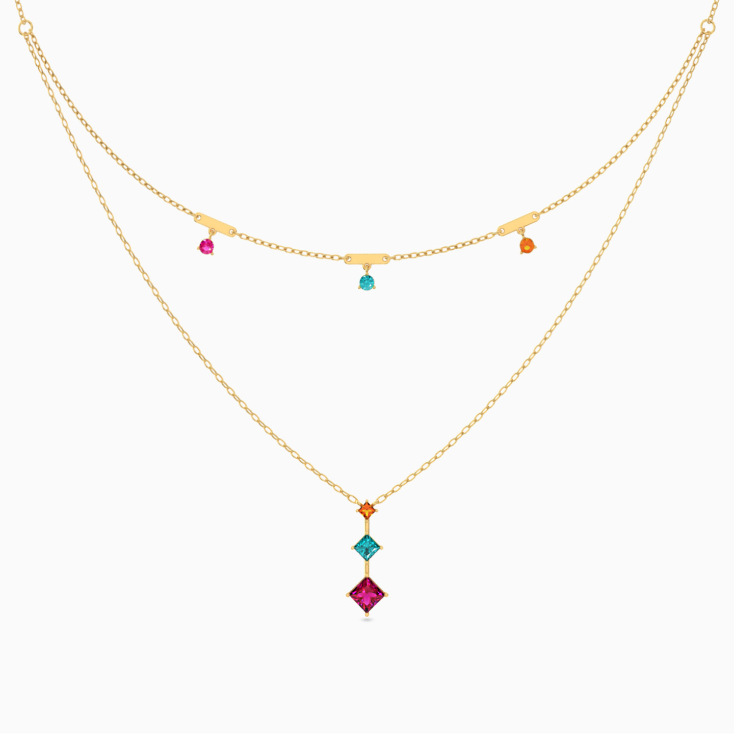 18K Gold Colored Stones Layered Necklace