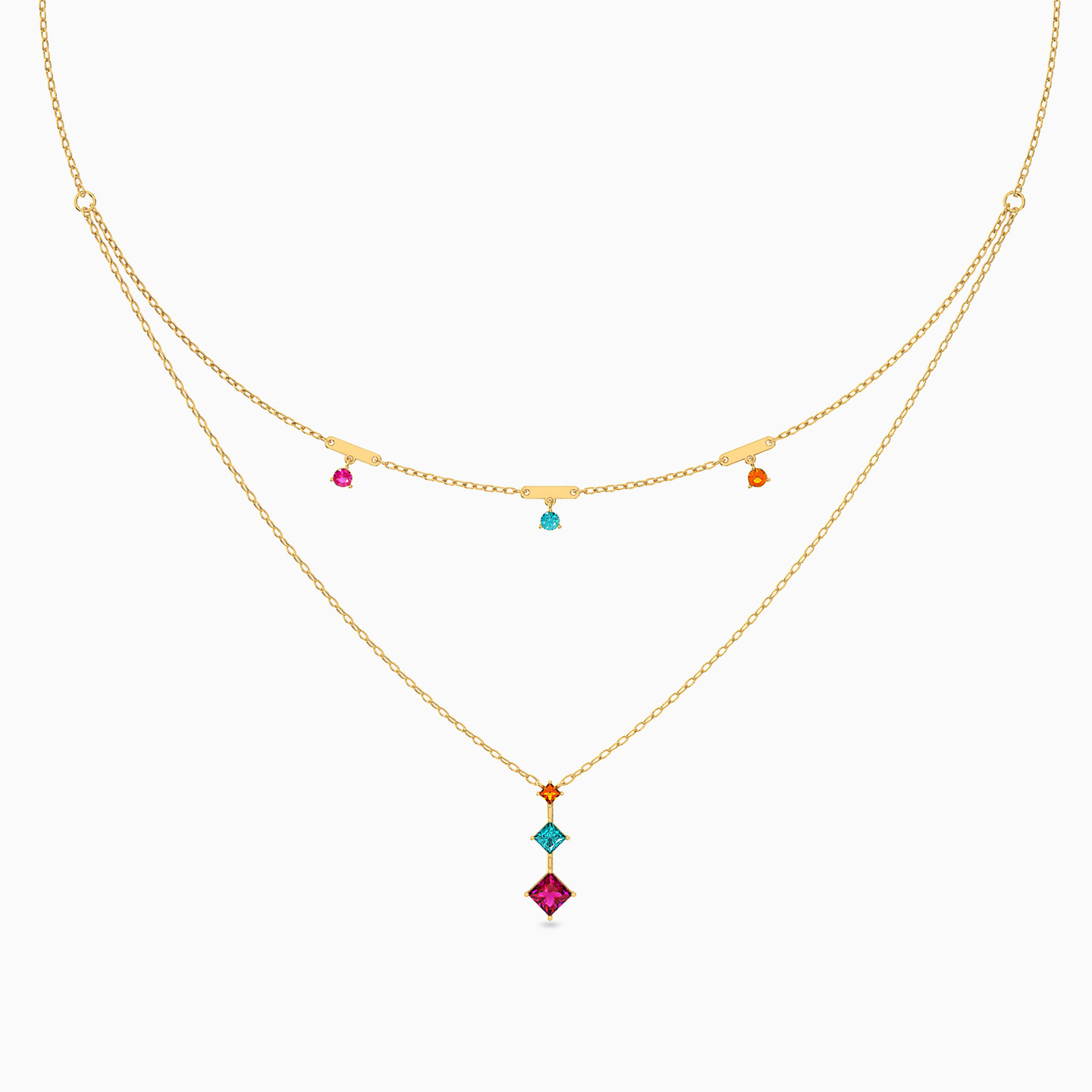 18K Gold Colored Stones Layered Necklace - 3