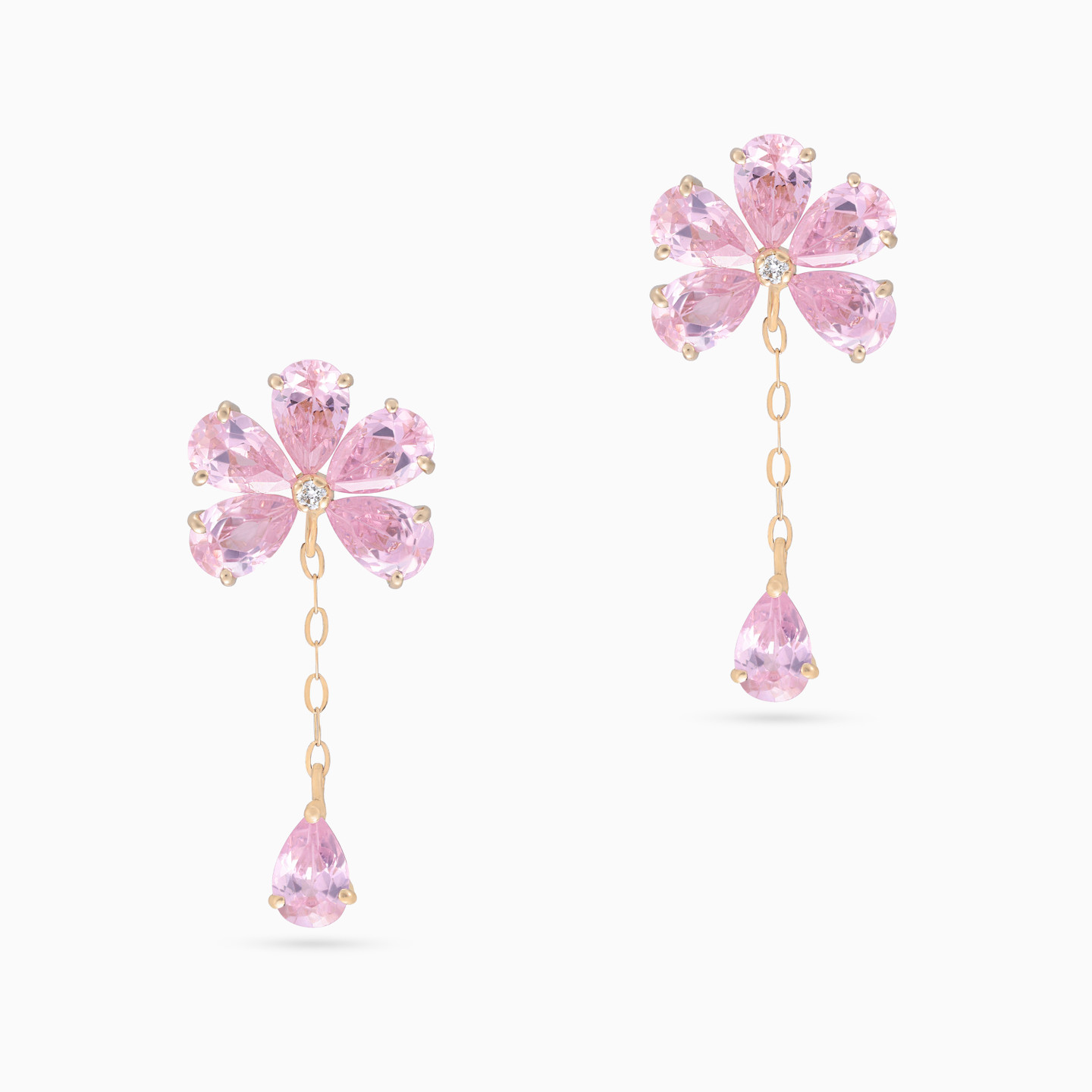 Flower Diamond & Pink Stones Drop Earrings in 18K Gold - 3 Flower Diamond & Pink Stones Drop Earrings in 18K Gold - 3