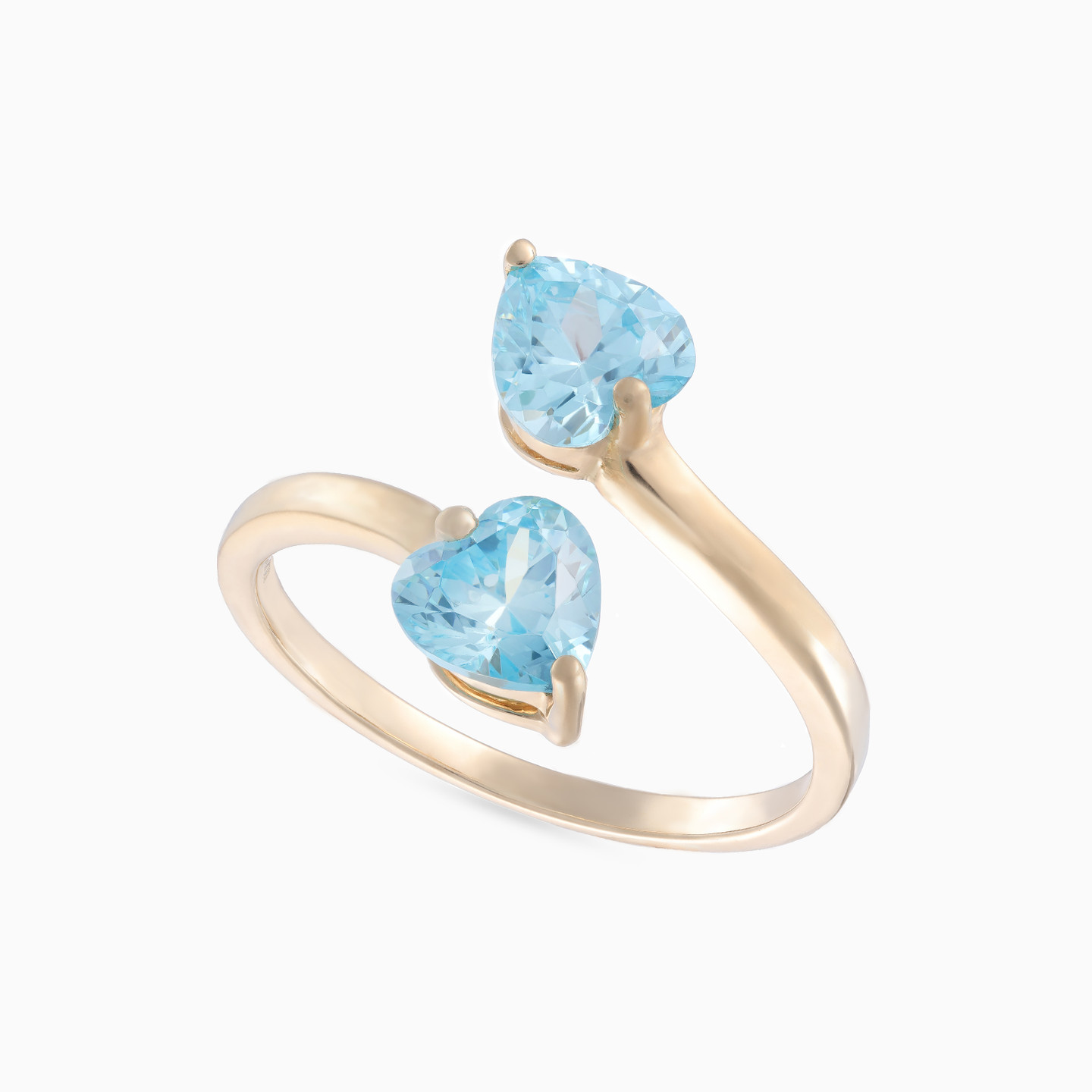 Heart Aqua Blue Stones Two Headed Ring in 18K Gold - 3 Heart Aqua Blue Stones Two Headed Ring in 18K Gold - 3