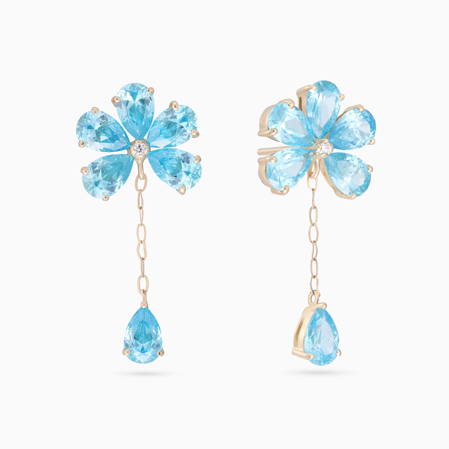 Flower Diamond & Aqua Blue Stones Drop Earrings in 18K Gold Flower Diamond & Aqua Blue Stones Drop Earrings in 18K Gold