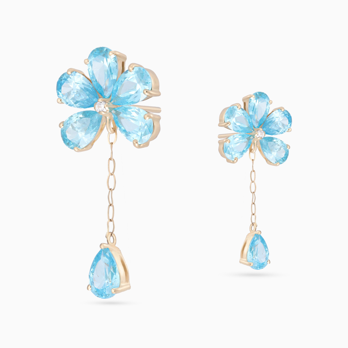 Flower Diamond & Aqua Blue Stones Drop Earrings in 18K Gold - 4 Flower Diamond & Aqua Blue Stones Drop Earrings in 18K Gold - 4