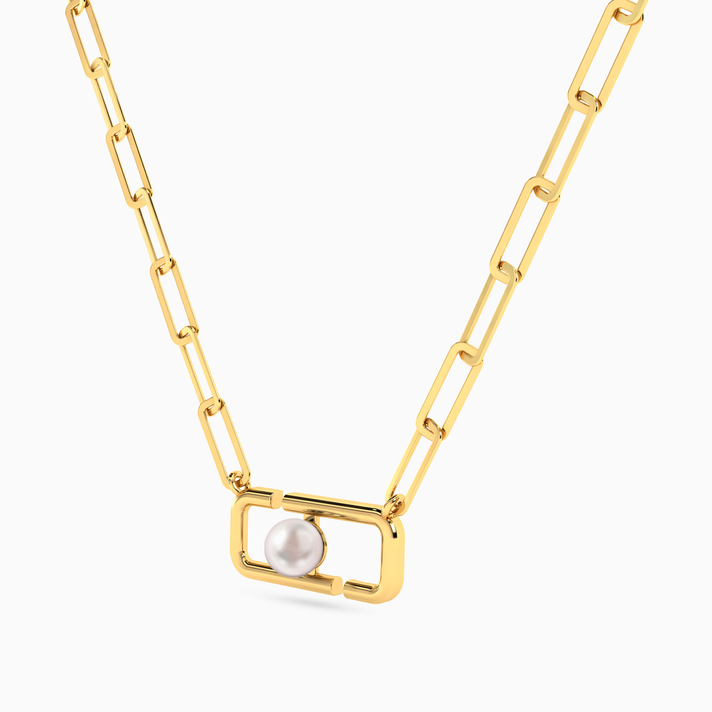 Rectangluar Link Pearl Necklace in 18K Gold - 2 Rectangluar Link Pearl Necklace in 18K Gold - 2