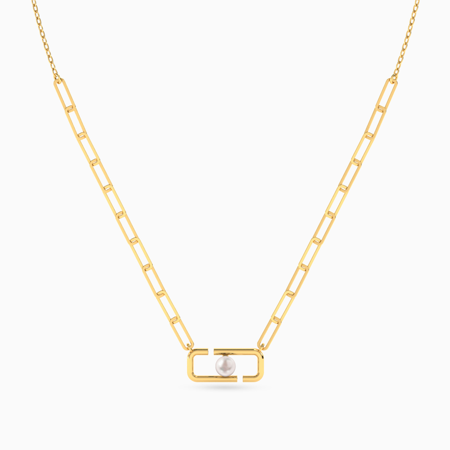Rectangluar Link Pearl Necklace in 18K Gold - 3 Rectangluar Link Pearl Necklace in 18K Gold - 3