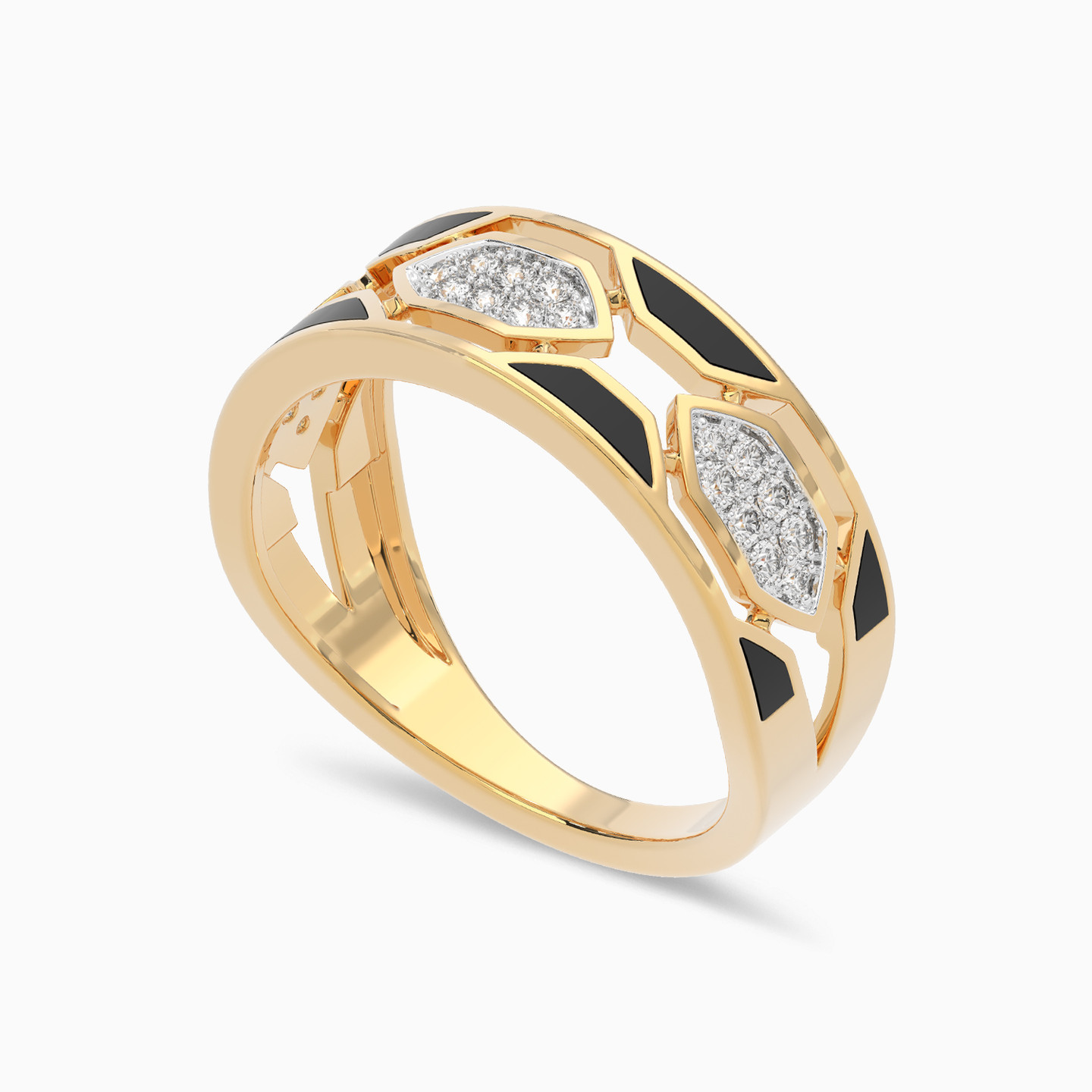 Hexagon Black Stone & Diamond Ring In 18K Gold - 2 Hexagon Black Stone & Diamond Ring In 18K Gold - 2