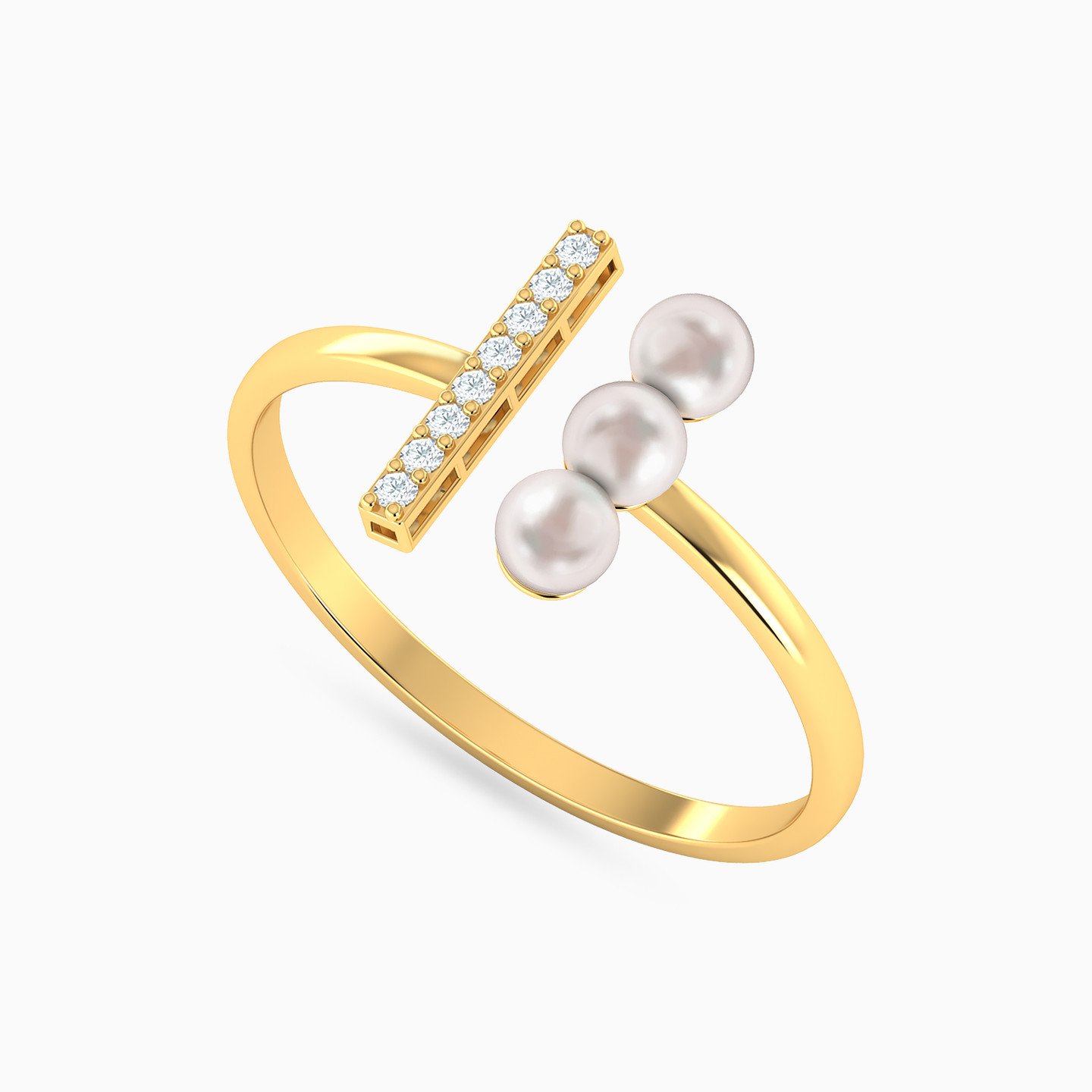 Parallel Clear Stones & Pearl Two Headed Ring In 18K Gold - 3 Parallel Clear Stones & Pearl Two Headed Ring In 18K Gold - 3