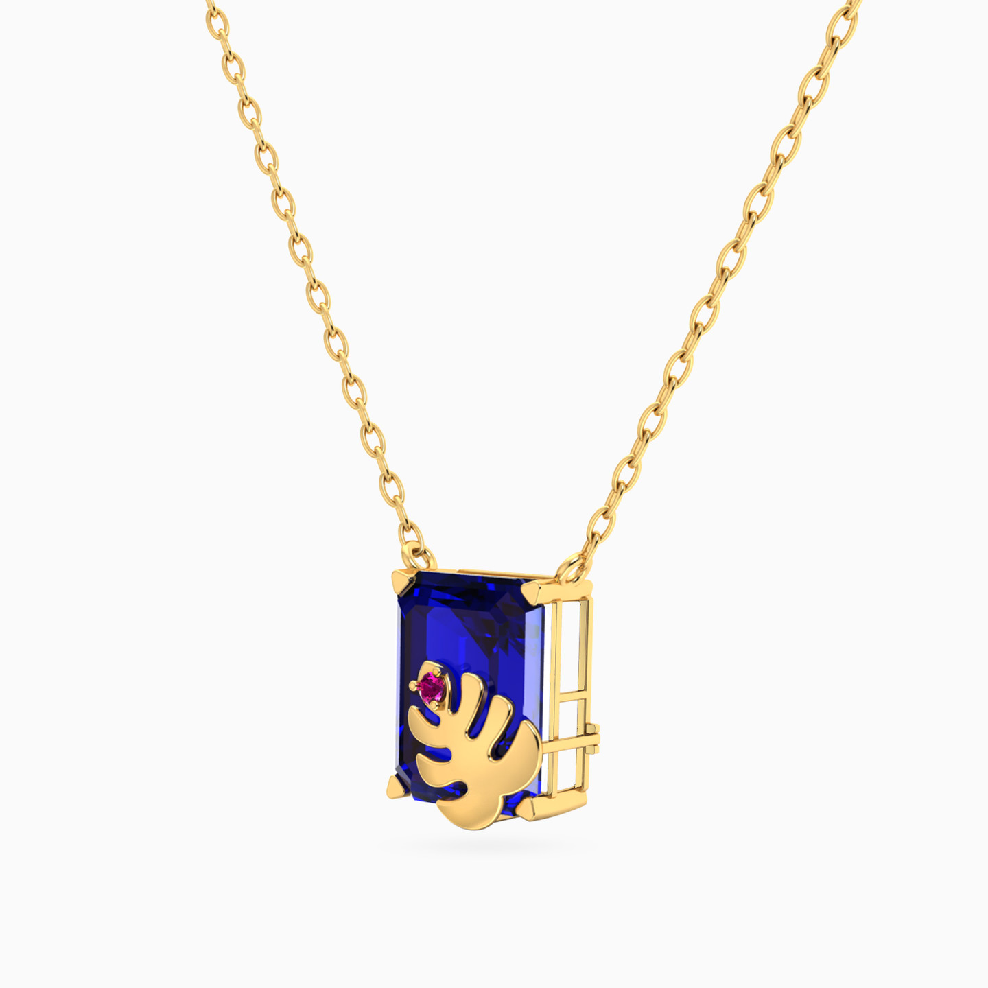 Leaf Blue Stone Necklace In 18K Gold - 2 Leaf Blue Stone Necklace In 18K Gold - 2