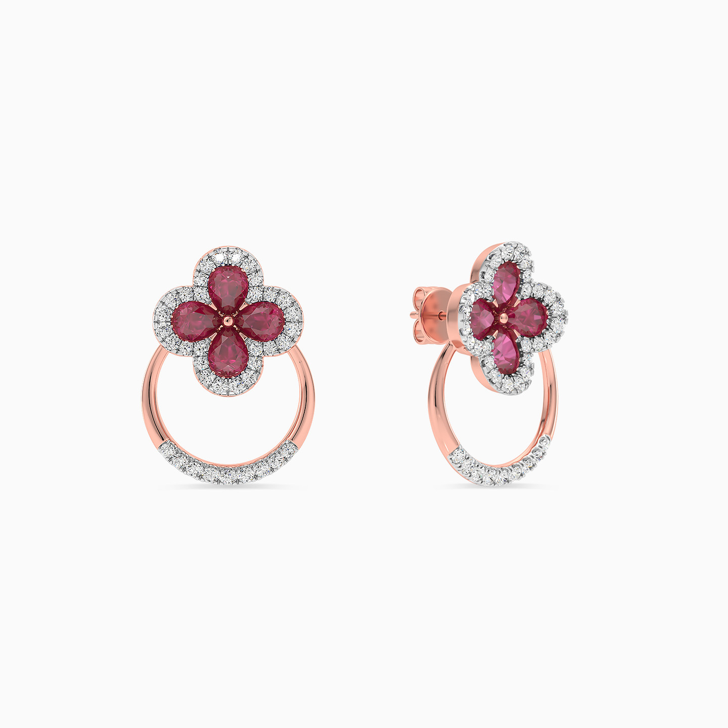 Flower Red Stone & Diamond Earrings in 18K Gold - 3 Flower Red Stone & Diamond Earrings in 18K Gold - 3